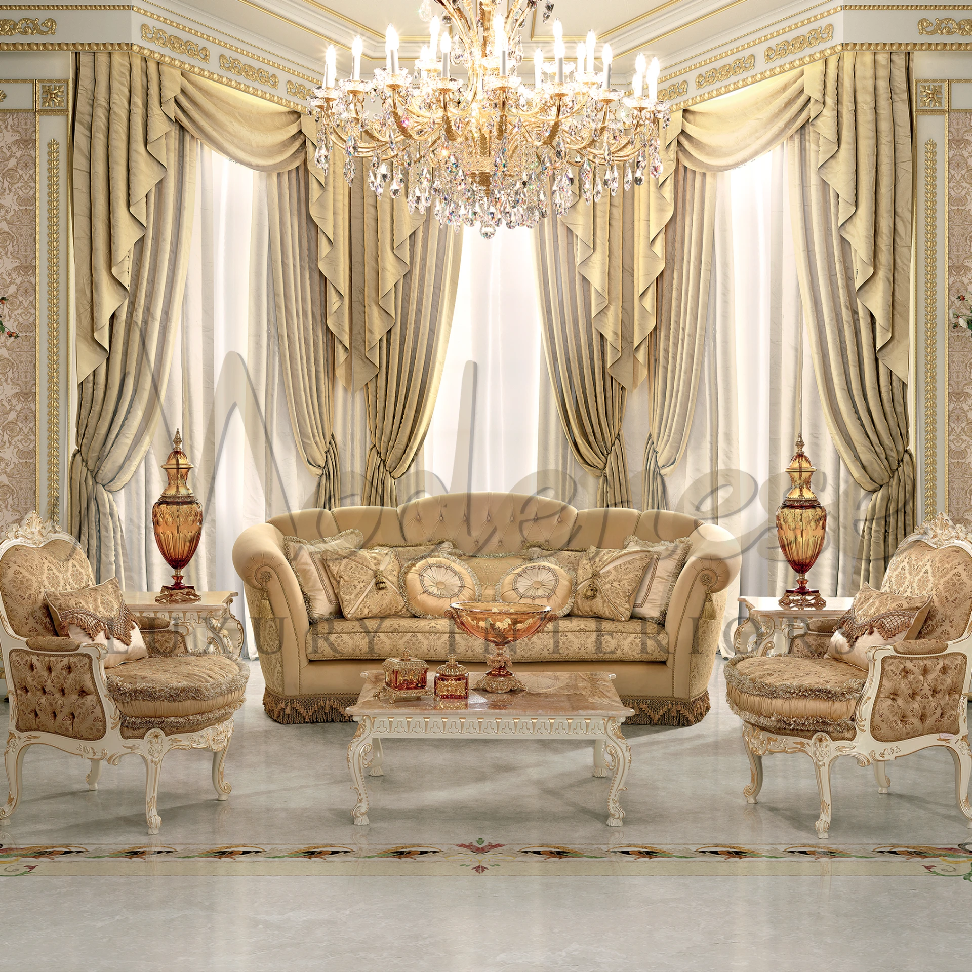 Elegant 3-seater Italian sofa, featuring exquisite silk fabric and detailed carvings, perfect for modenese interior designs.