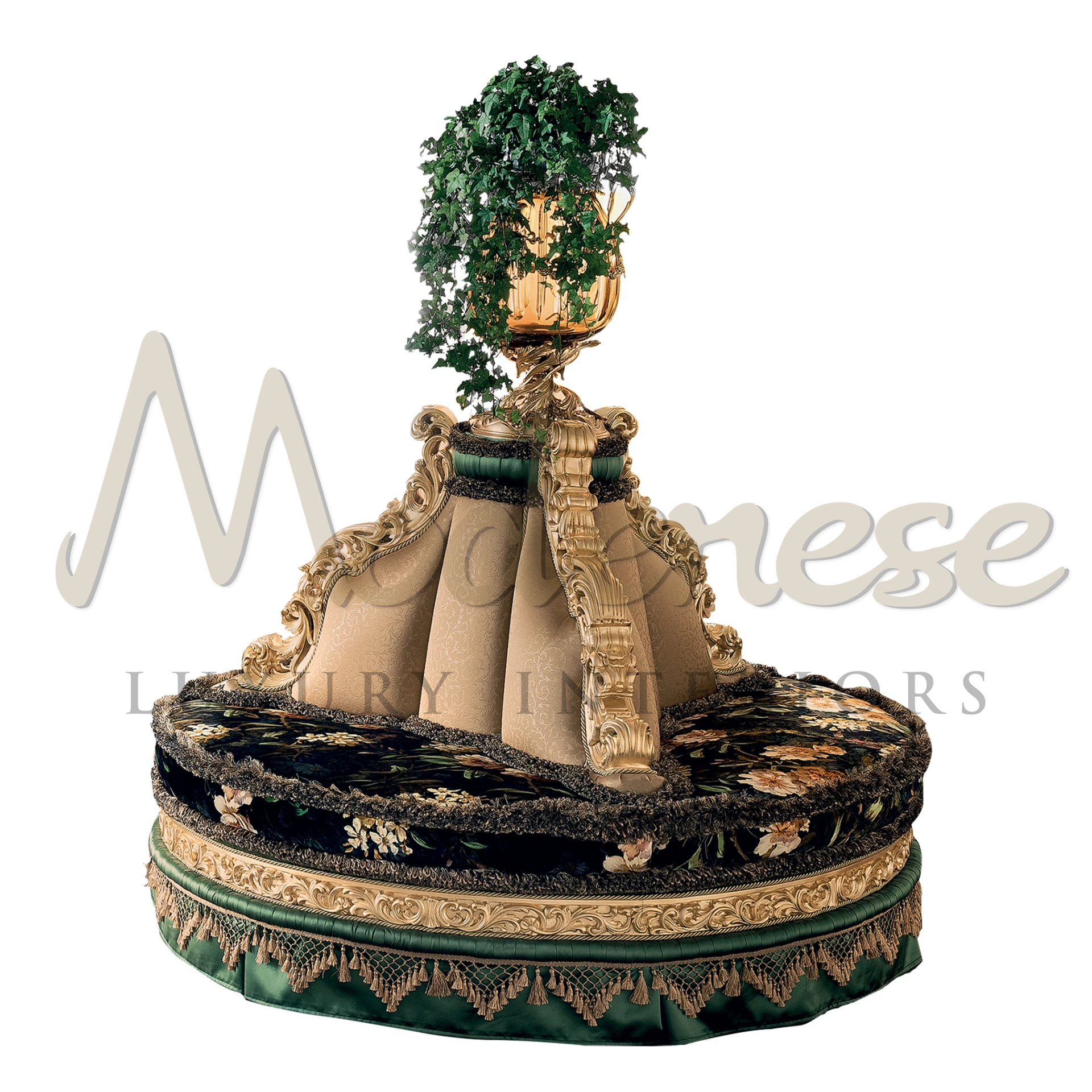 Italian Round Island Sofa with luxurious baroque style and gold leaf carvings, the epitome of classic collection luxury.