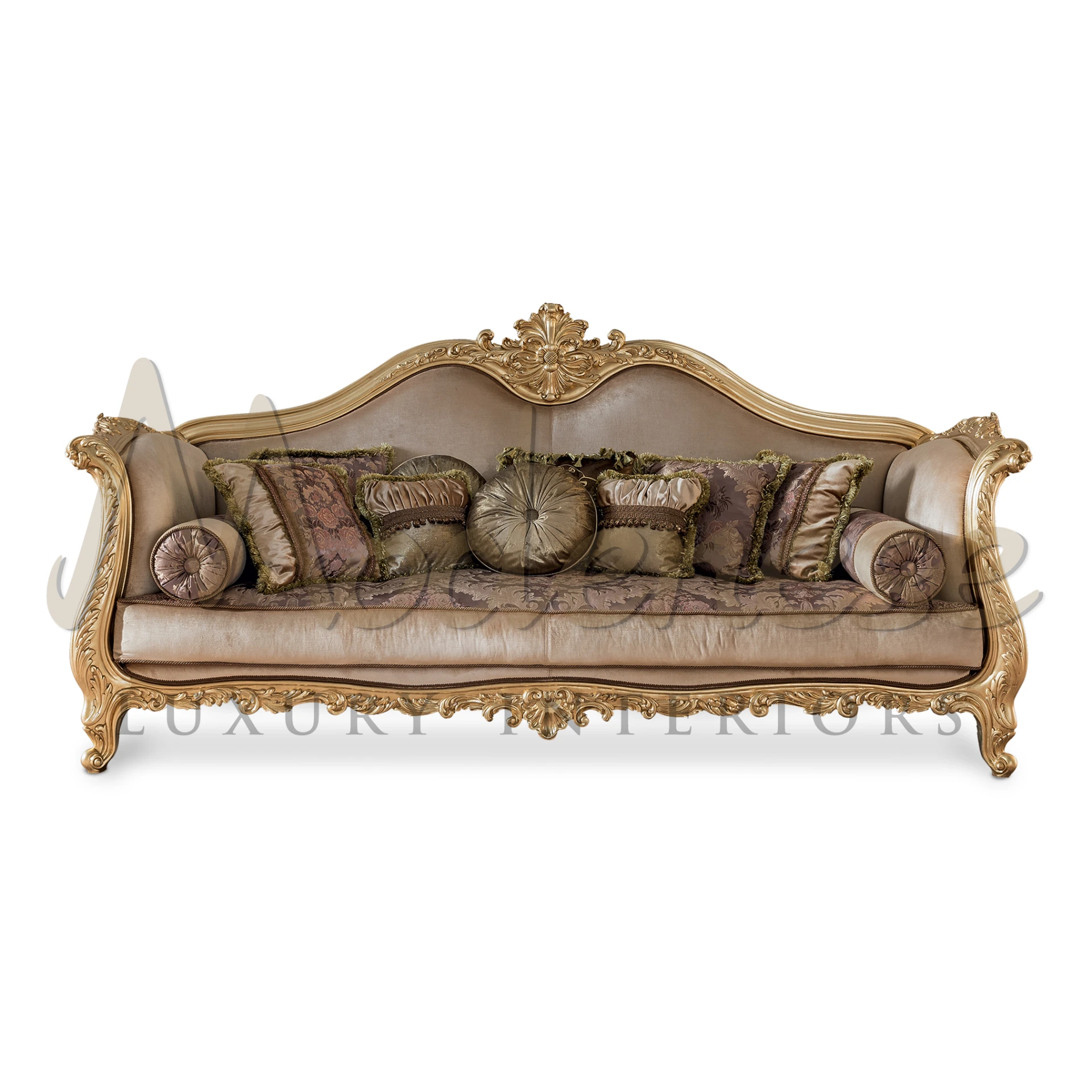 Elegant beige fabric sofa with tufted cushions and rolled arms, blending traditional charm with modenese interior elegance.