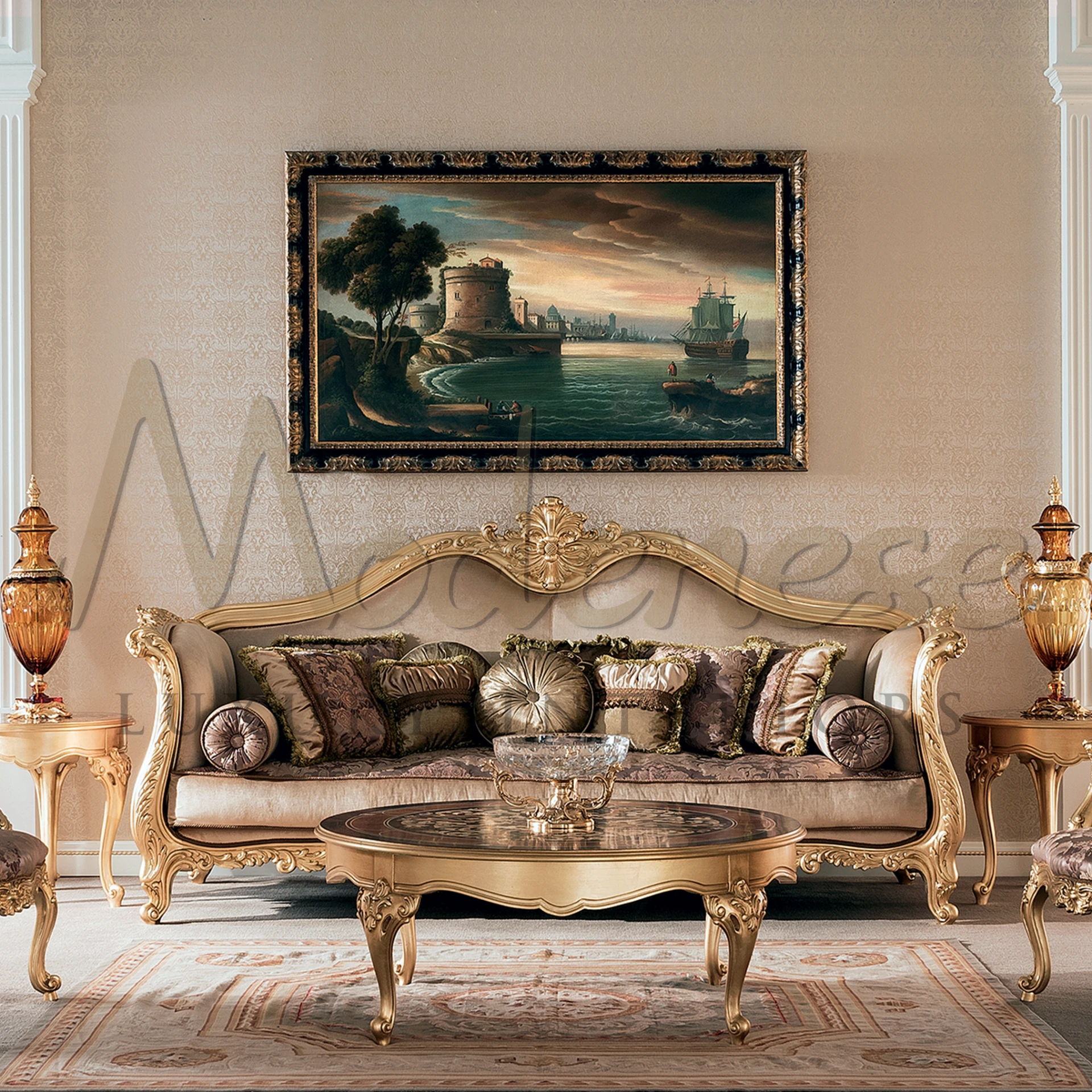 Classic beige 3-seater sofa in a transitional style, marrying modern clean lines with timeless Italian design.