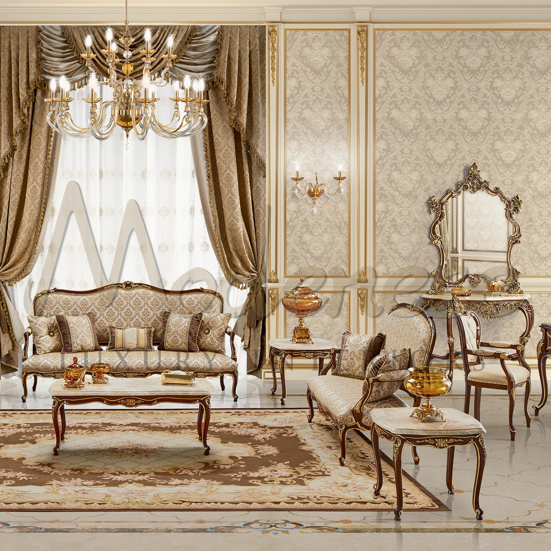 Refined furniture masterpiece: A solid wood framed 3-seater sofa with baroque design elements, made in Italy.