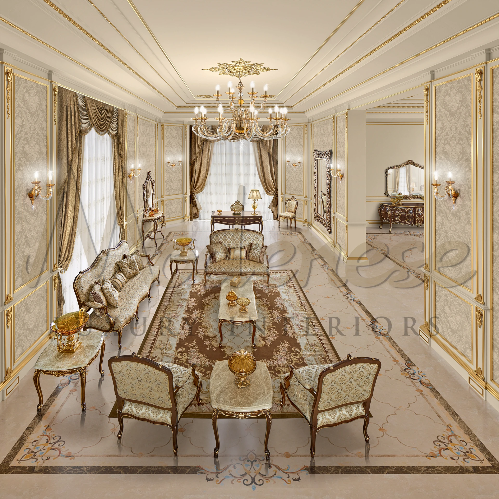 Refined furniture: Classy Loveseat with solid wood, embodying baroque and modenese interiors, Italian luxury design.