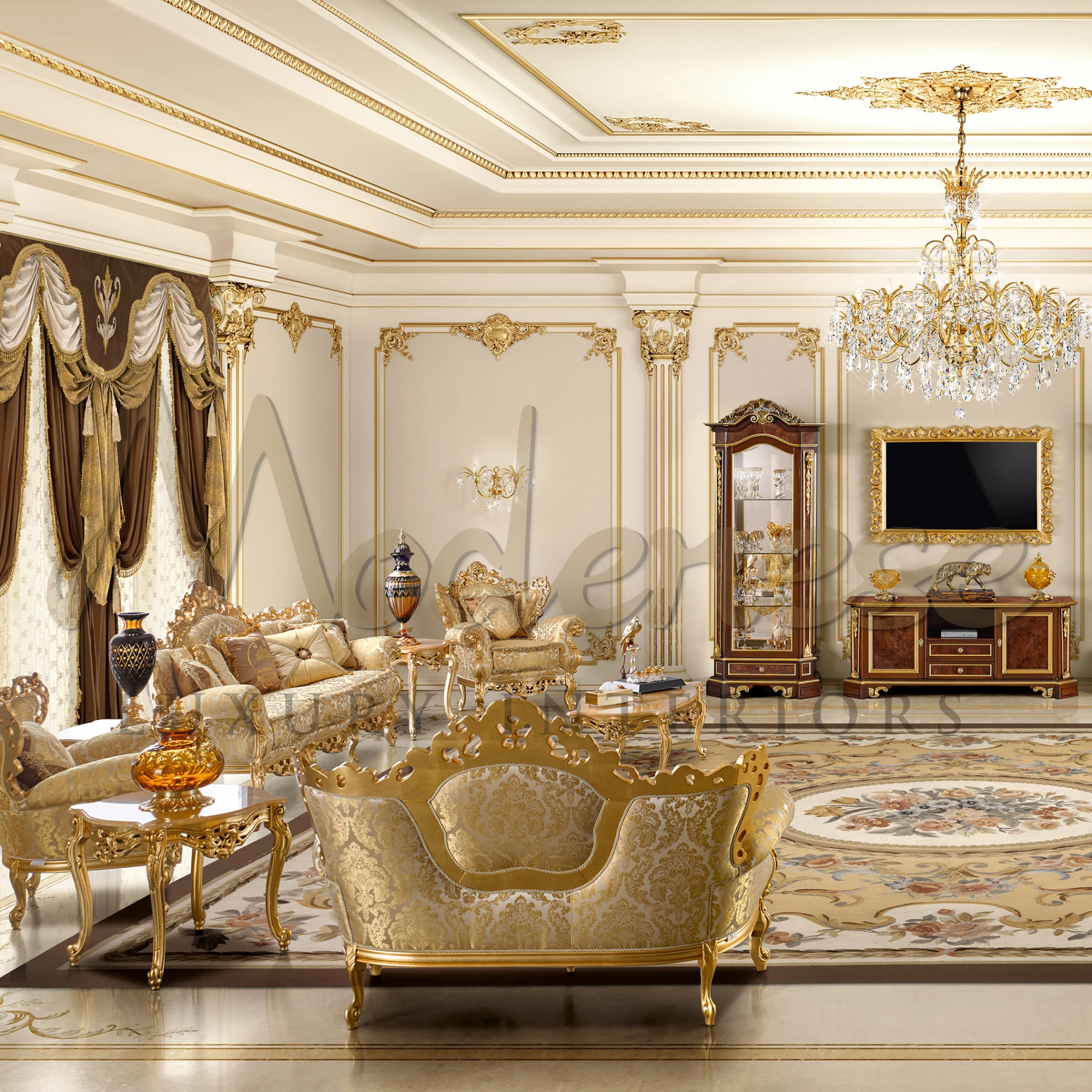Elegant 2-seater Baroque Sofa adorned with gold leaf and luxury fabric, blending classic design with modern comfort.