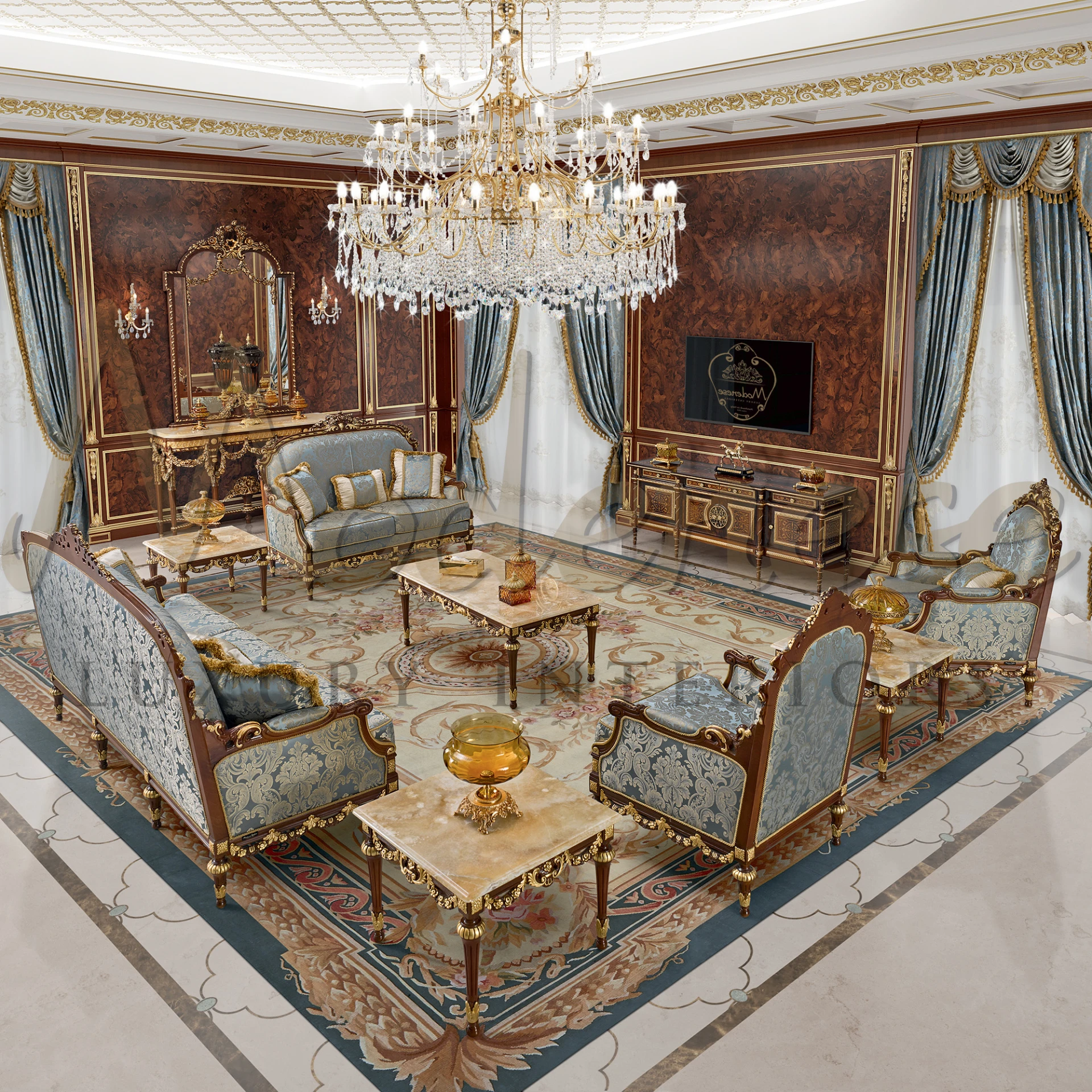 Baroque-inspired Luxury Dutch Sofa featuring heavy carvings and luxury fabric, a classic piece for sophisticated interior design.