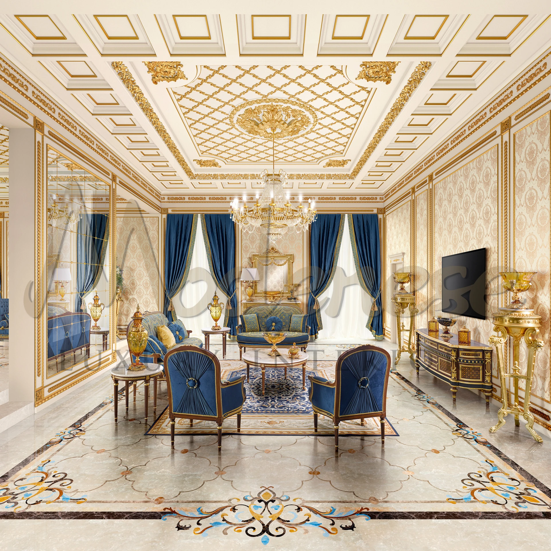 Grand TV stand with New Baroque decorations, a classic furniture piece for modenese interiors, made entirely in Italy.