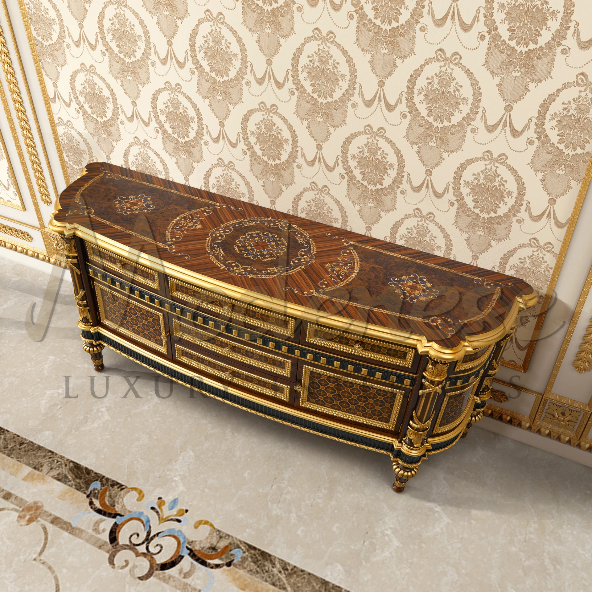 Artisan-crafted luxury TV stand in New Baroque design, showcasing elegance and classic furniture craftsmanship from Italy.
