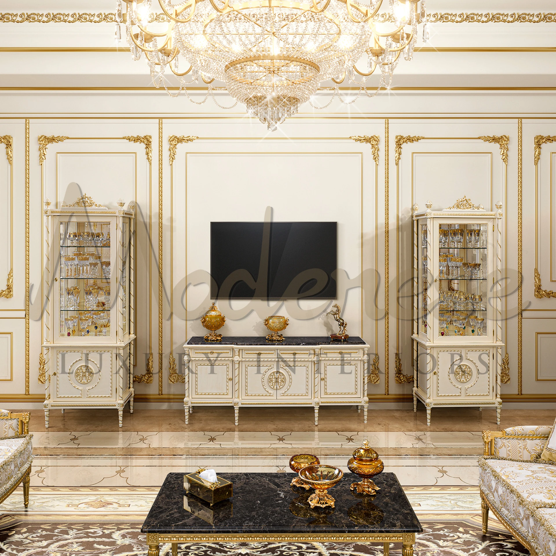 Elegant ivory TV cabinet by Modenese, featuring solid wood and gold leaf, perfect for enhancing luxury furniture collections.

