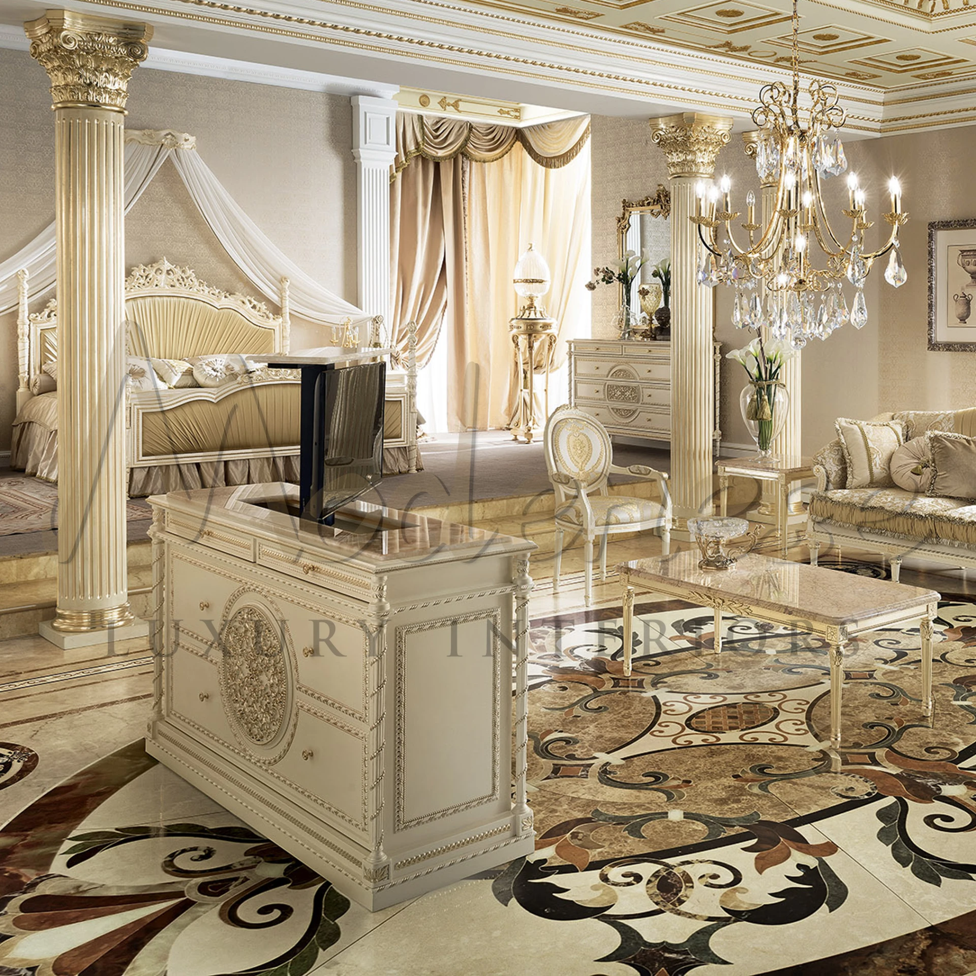  Luxury TV stand by Modenese Furniture, featuring Venetian design and custom finishes, entirely made in Italy for sophisticated interiors.