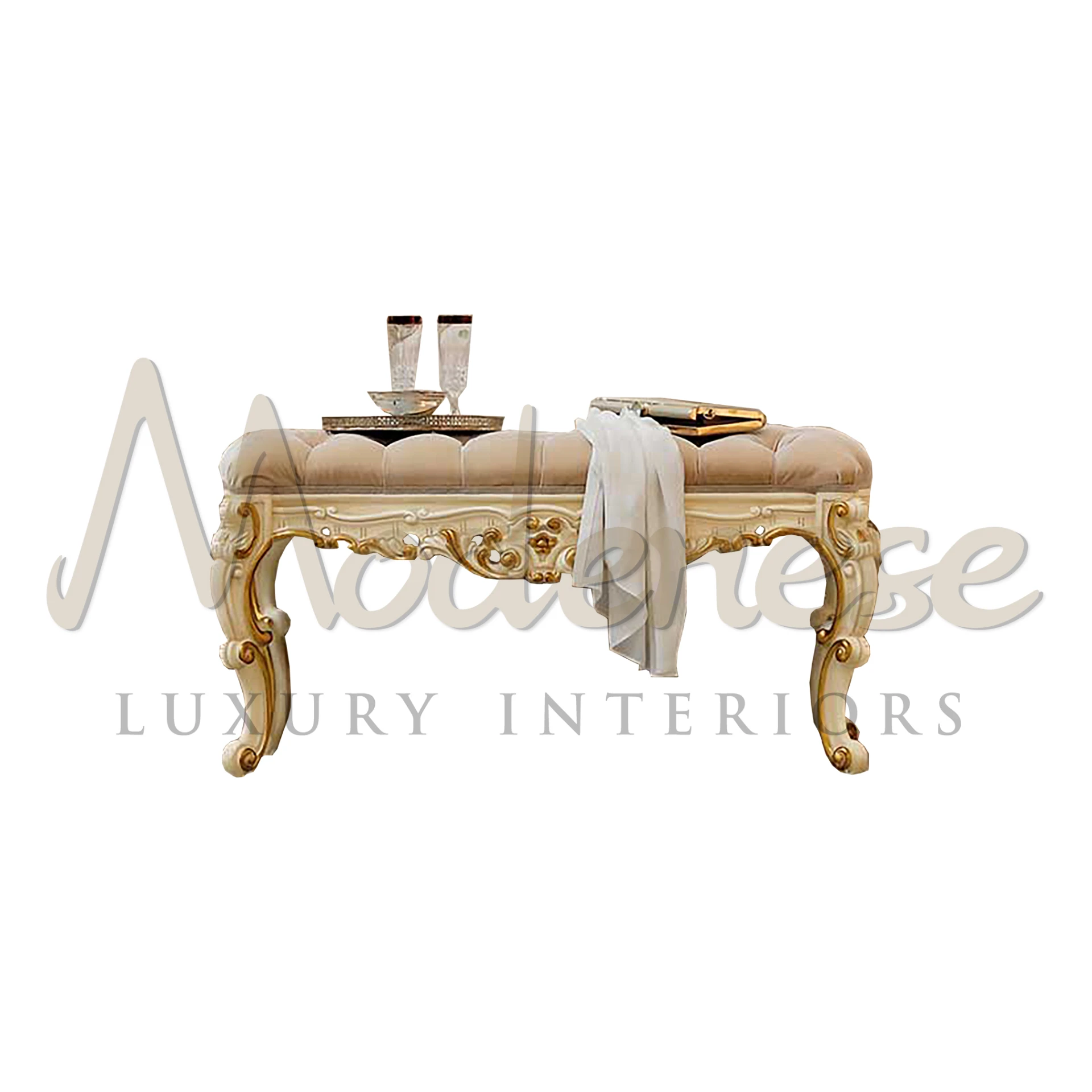 Elegant bench with golden carved frame and plush beige upholstery.