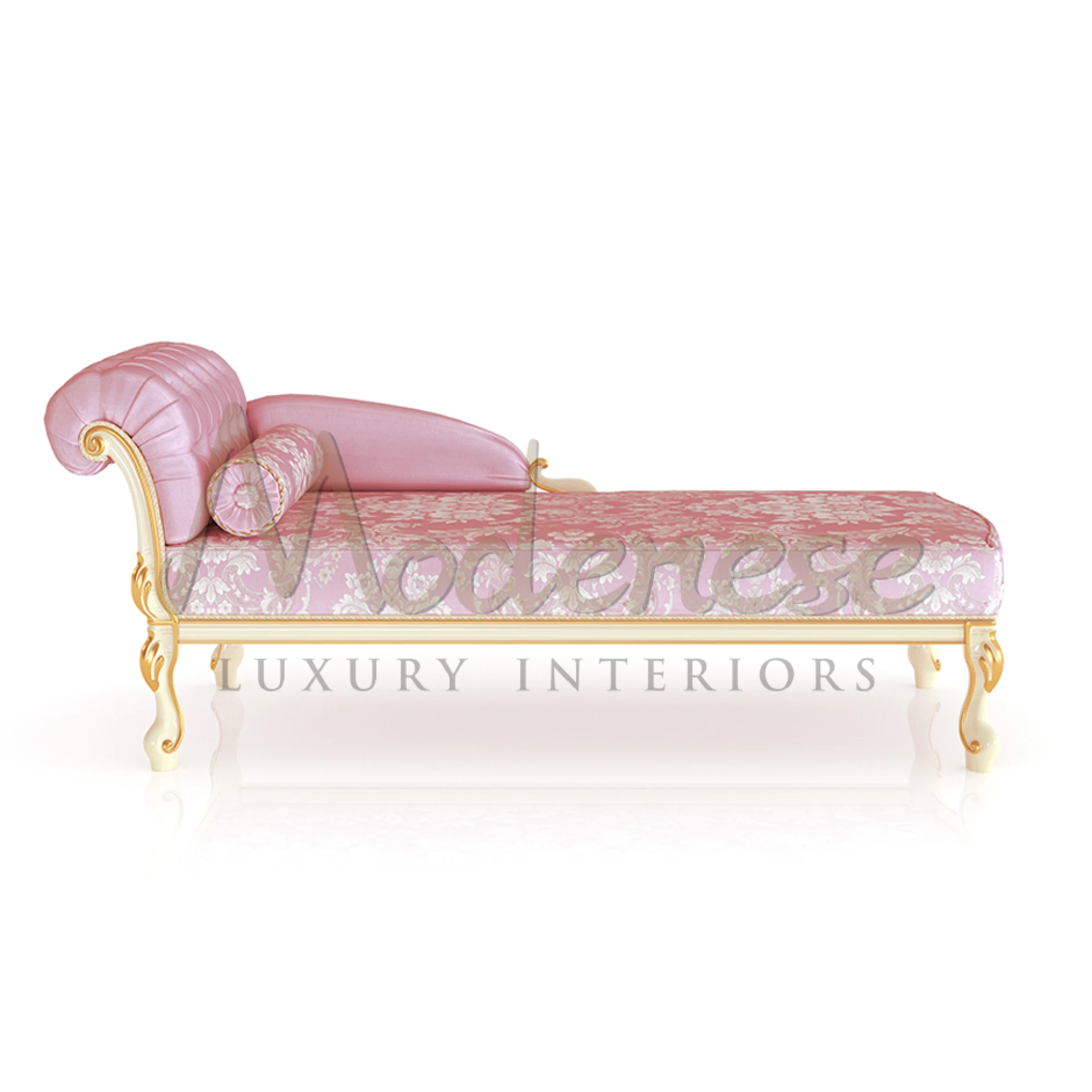 Elegant Victorian Chaise Lounge – Pink Floral Fabric & Velvet Pillow by Modenese Furniture