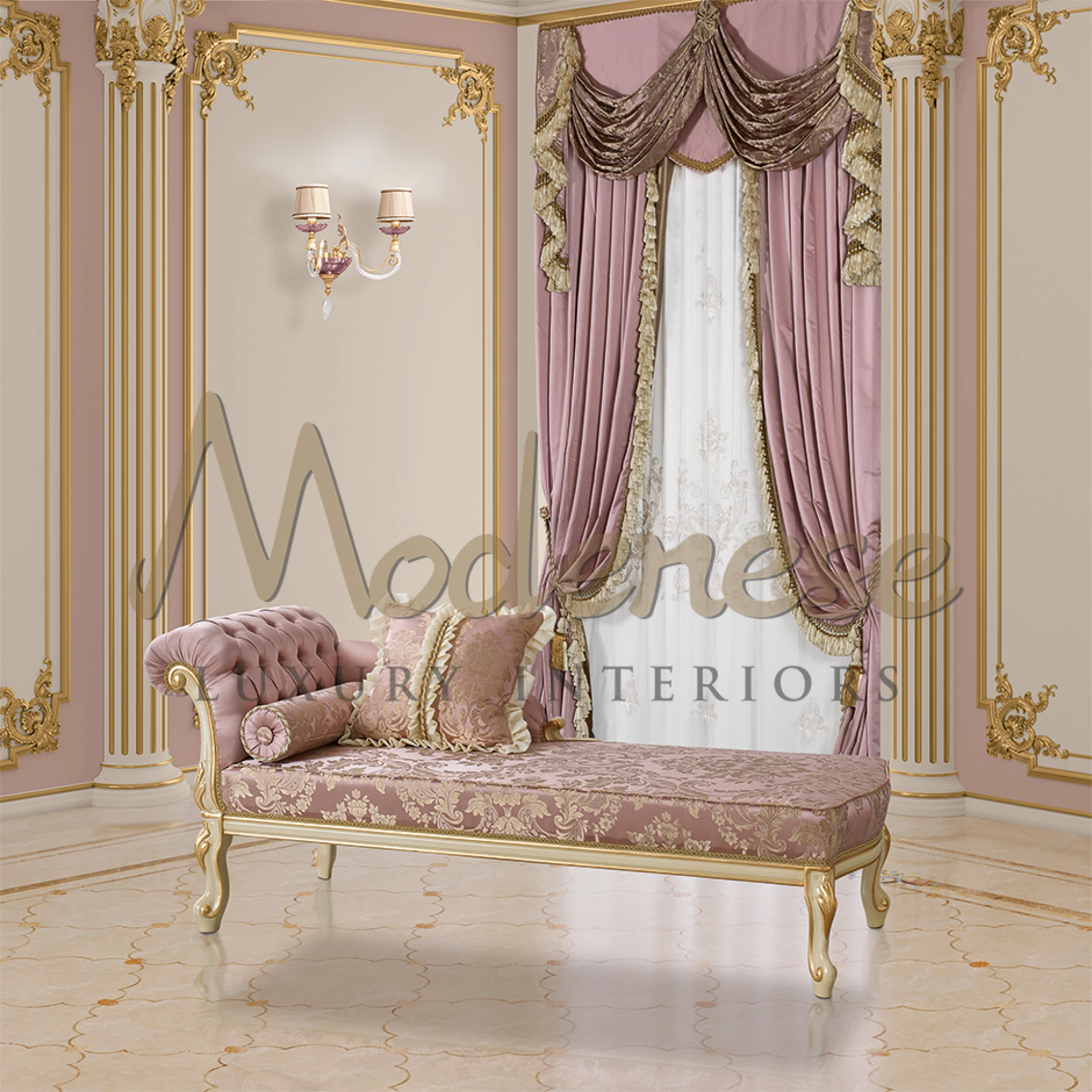 Luxury Victorian-Style Chaise Lounge with Pink Upholstery & Floral Details – Modenese Furniture