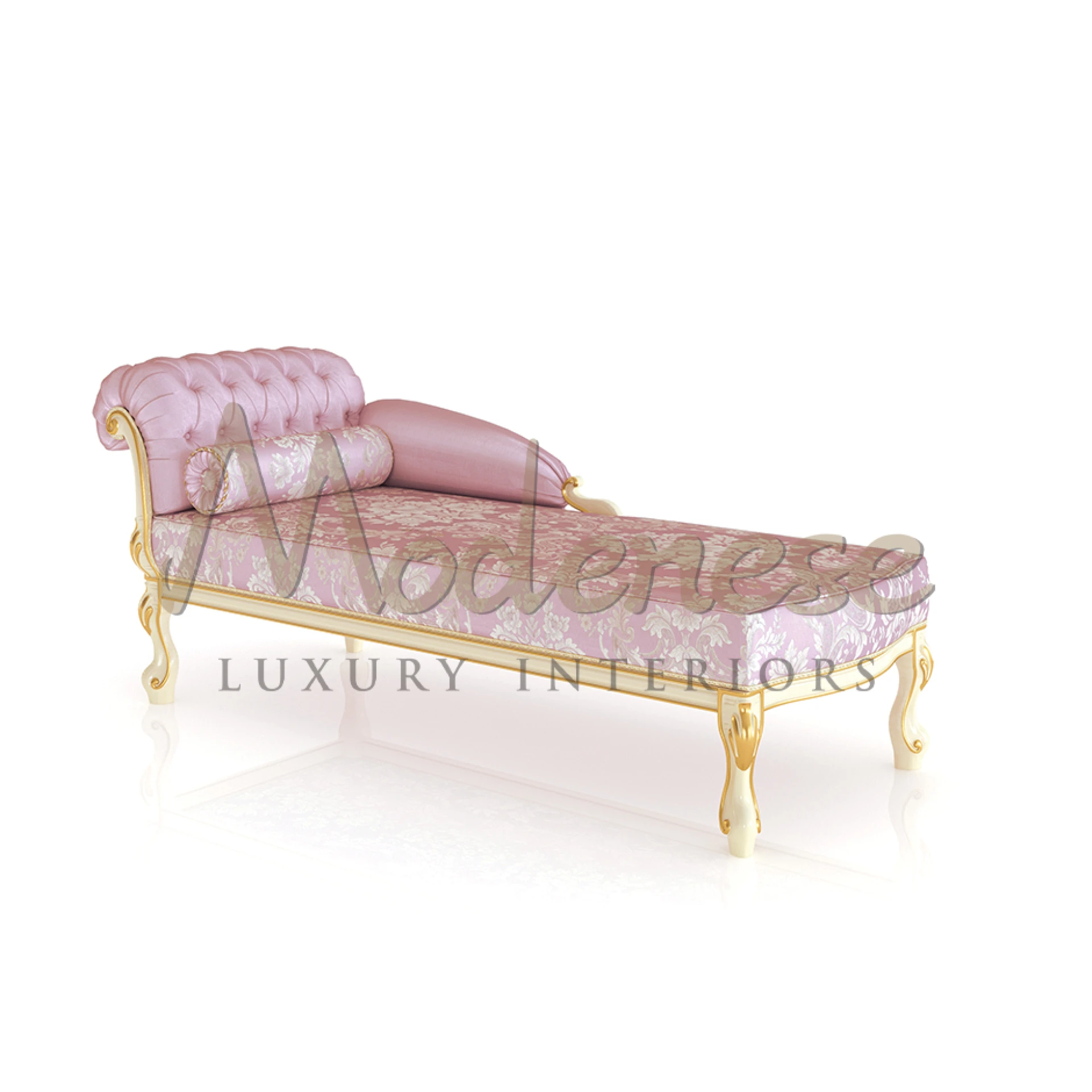 Chaise lounge in victorian style with pink fabric, floral design and velvet pillow by Modenese Furniture