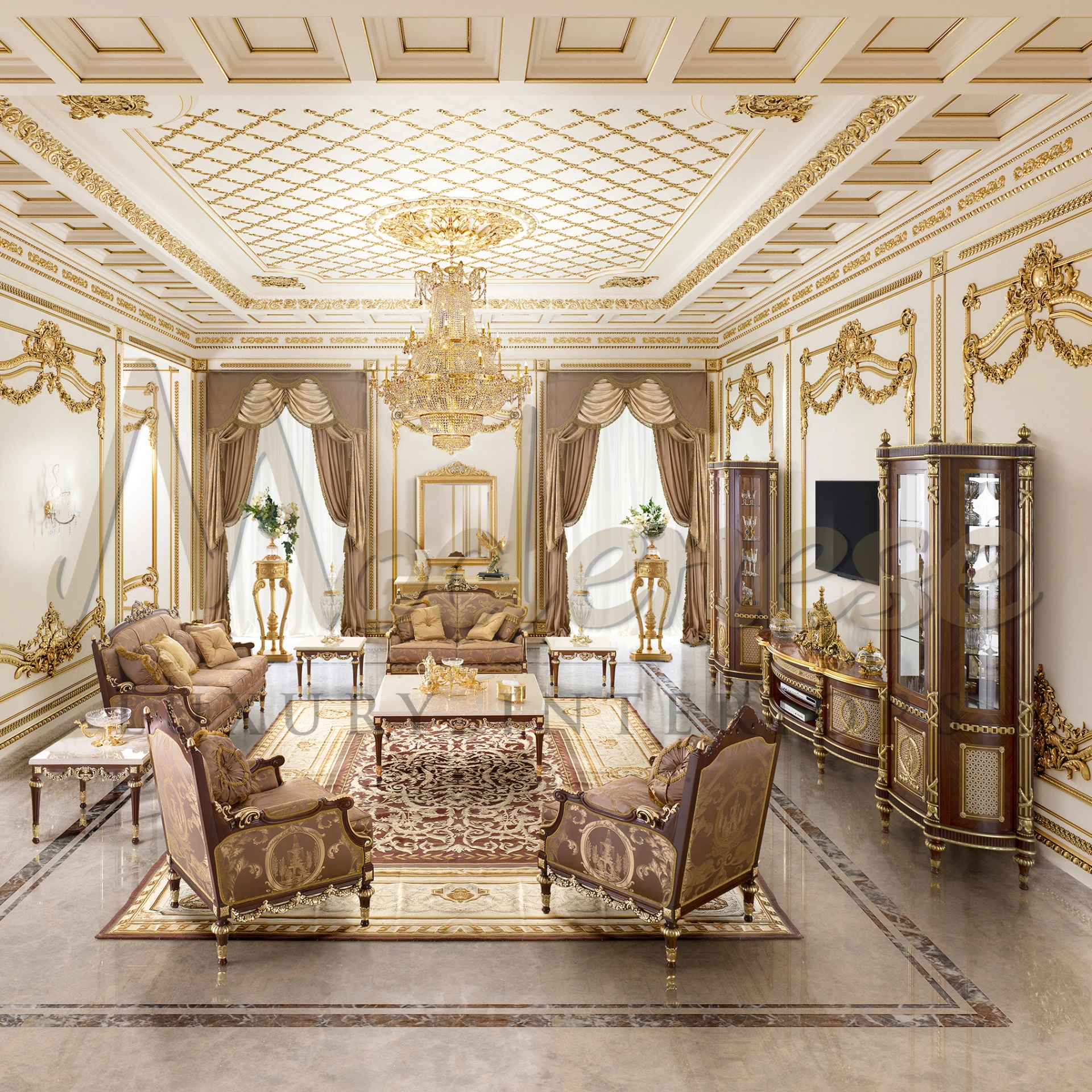 Classic tv stand in Baroque design, Italian luxury with meticulous gold leaf carvings for a classical collection's centerpiece.
