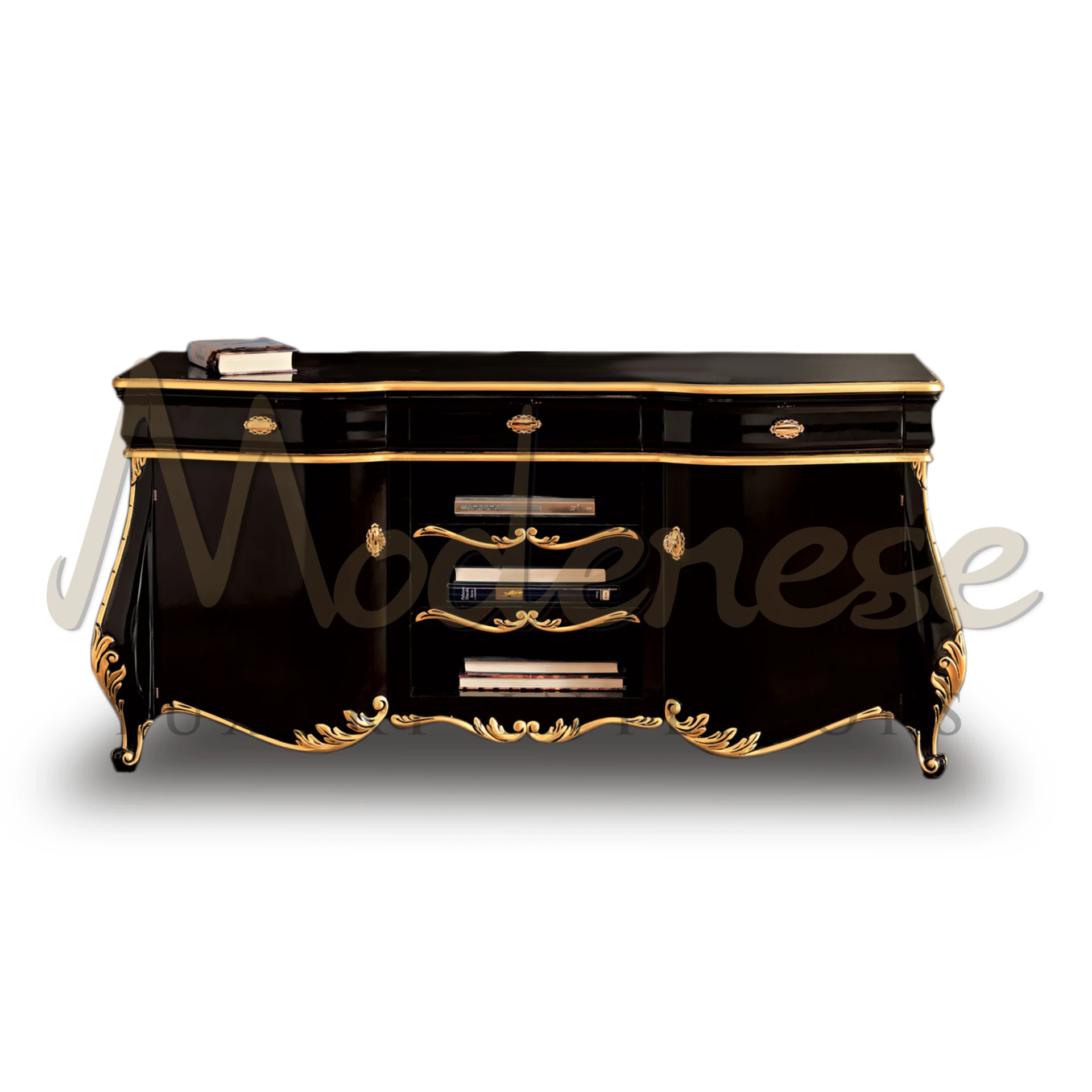 Black Noble TV Stand, solid wood, handcrafted by Italian artisans, embodying luxury and classic design for elegant interiors.
