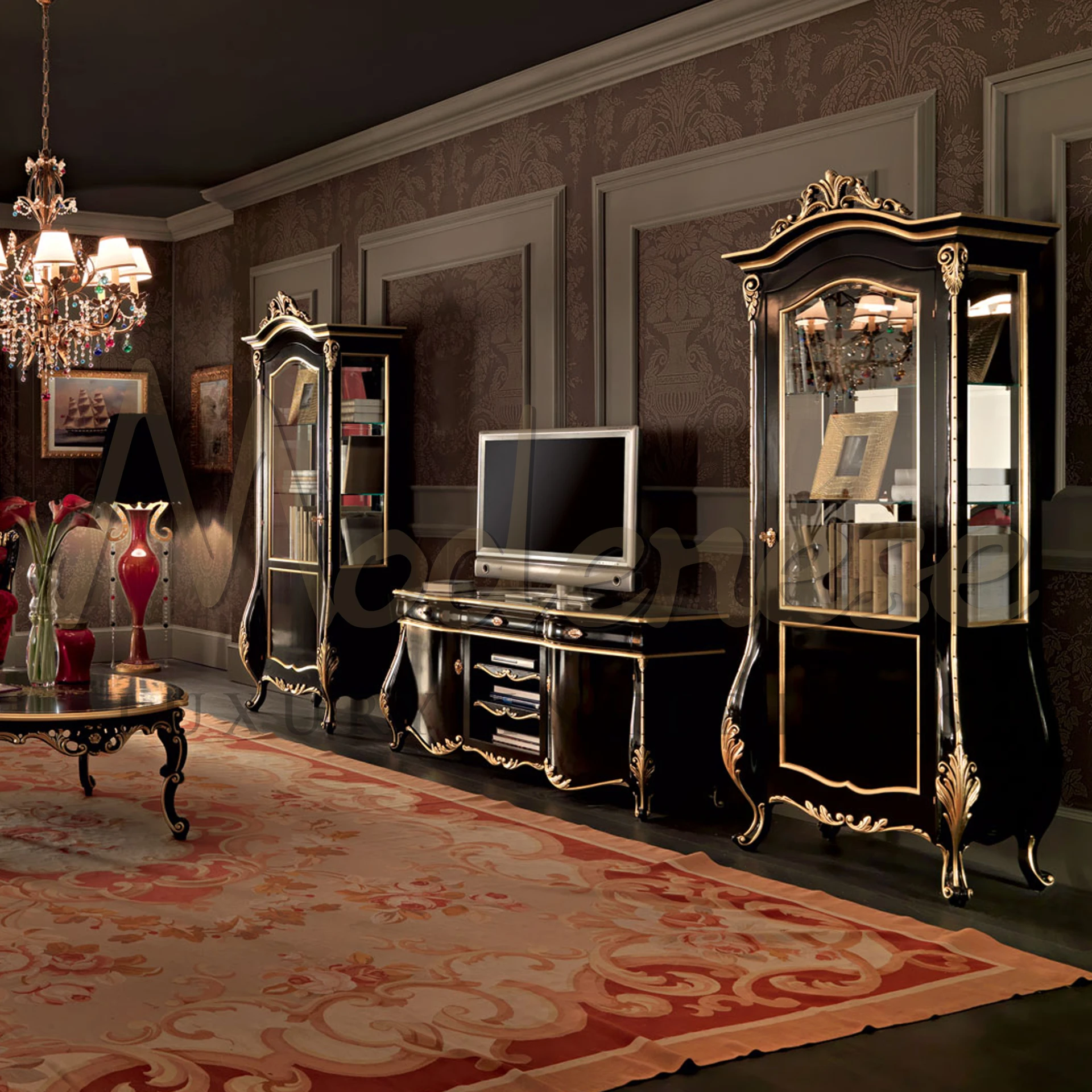 Luxurious solid wood TV stand in black, crafted with elegance by Italian designers, perfect for both traditional and modern spaces.
