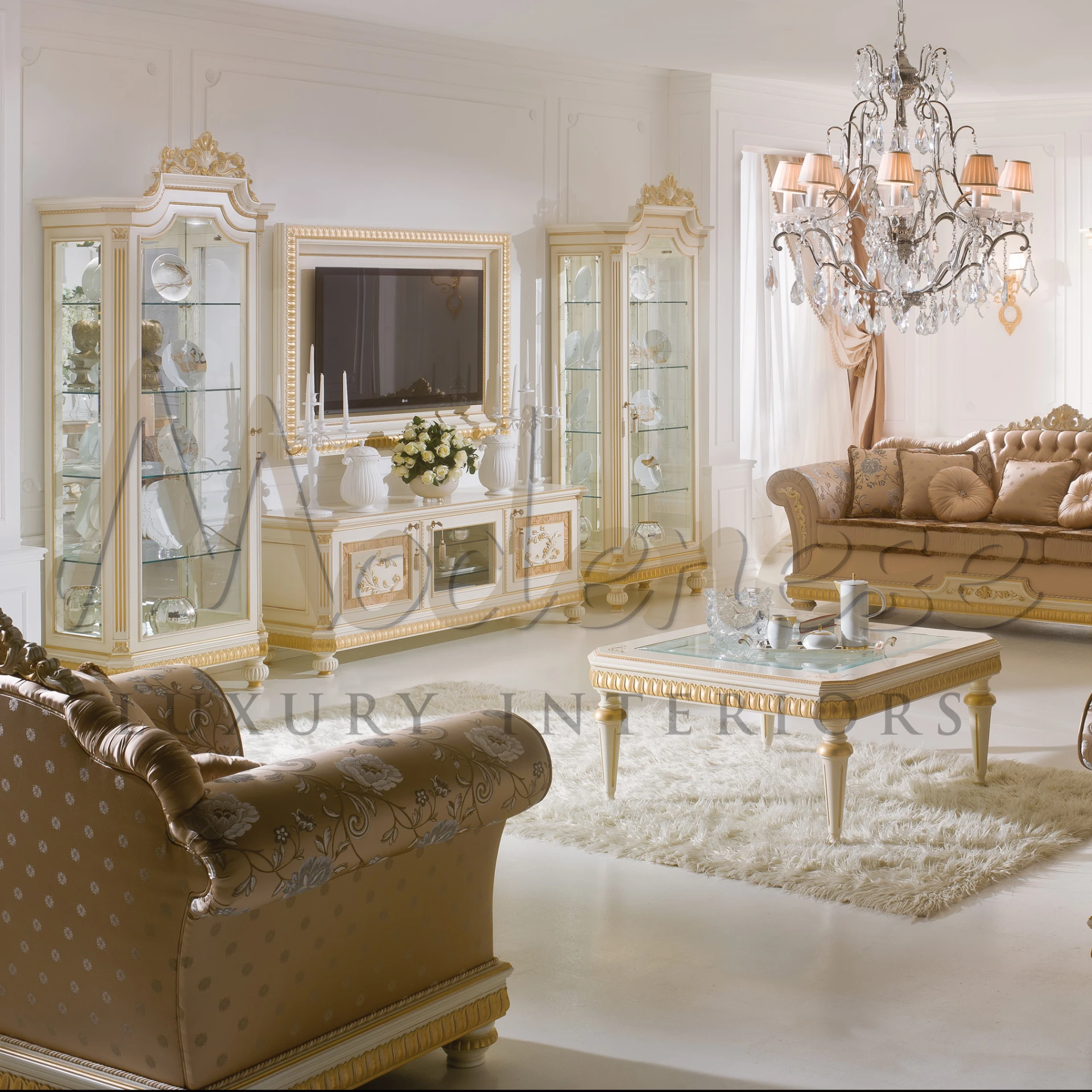Elegant luxury TV stand in white finish, adding a touch of venetian style to classic interiors.