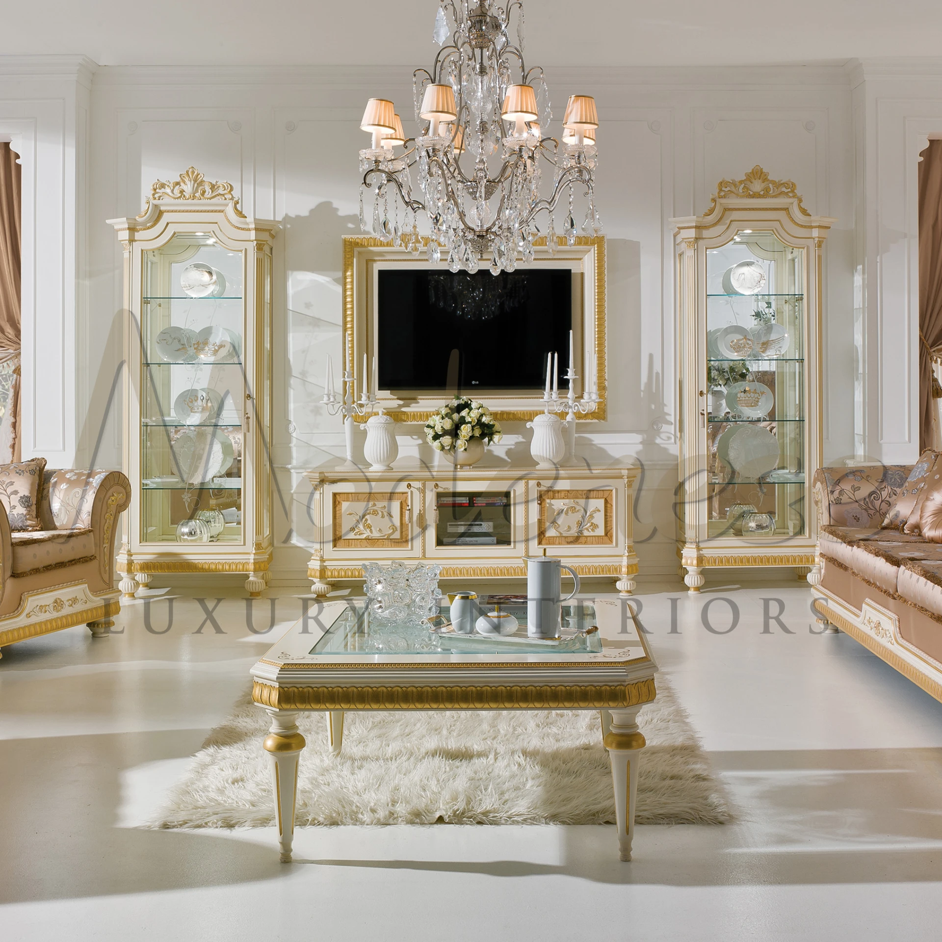 Customized White Finish TV Stand, blending luxury and classic design for sophisticated living spaces.
