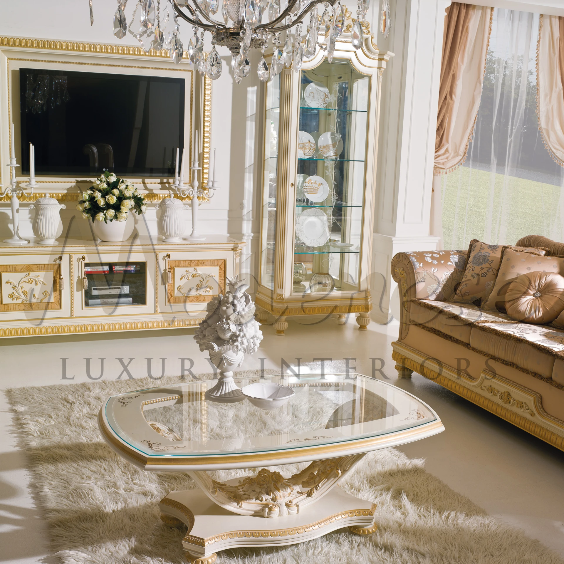 Gorgeous white TV stand with fine wood finish, perfect for adding traditional charm to your home.
