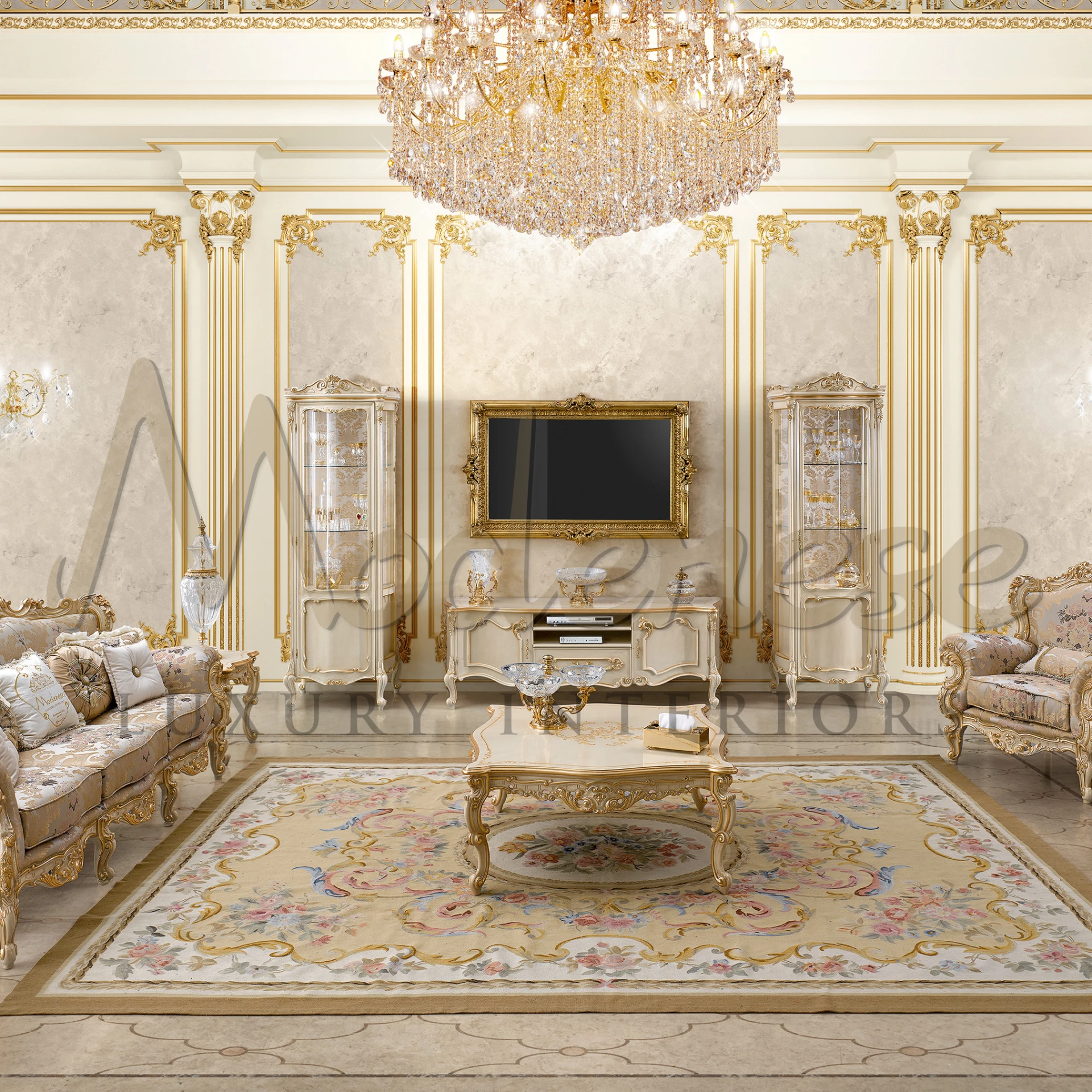 Classic TV Stand with Italian craftsmanship, optional gold leaf decorations, and timeless charm.
