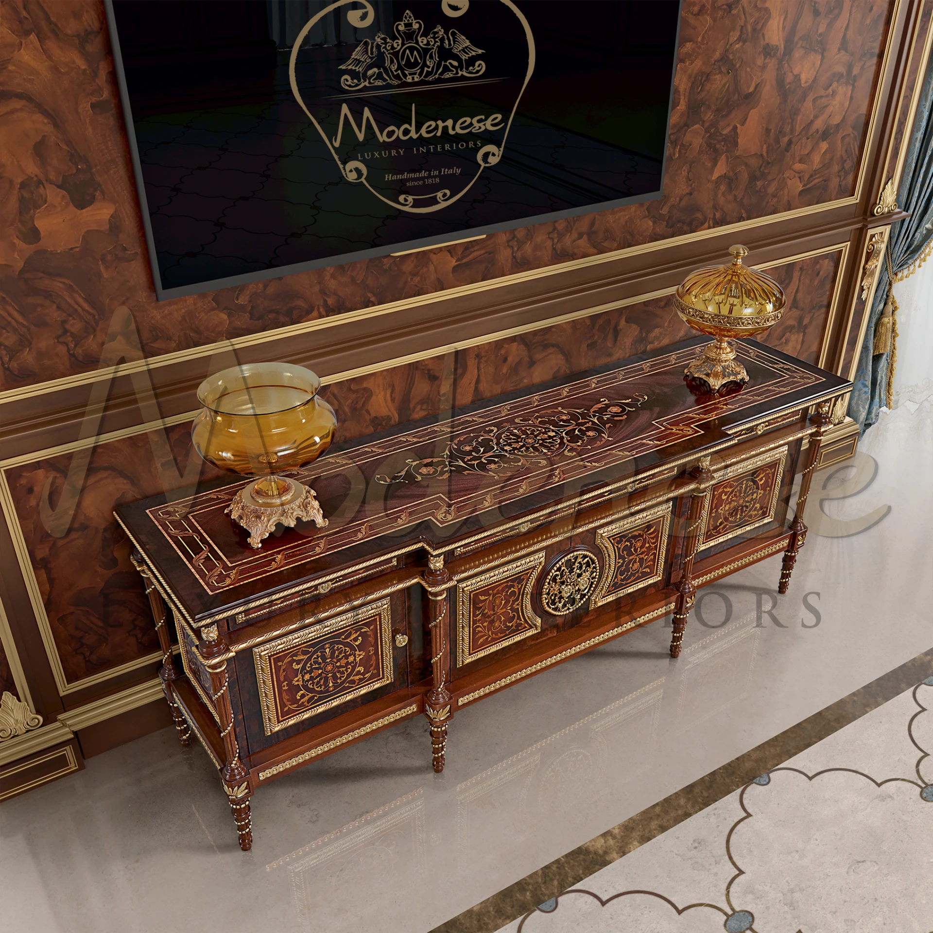 Elegant solid wood TV stand from Modenese Furniture, adding luxury and character to your living space.
