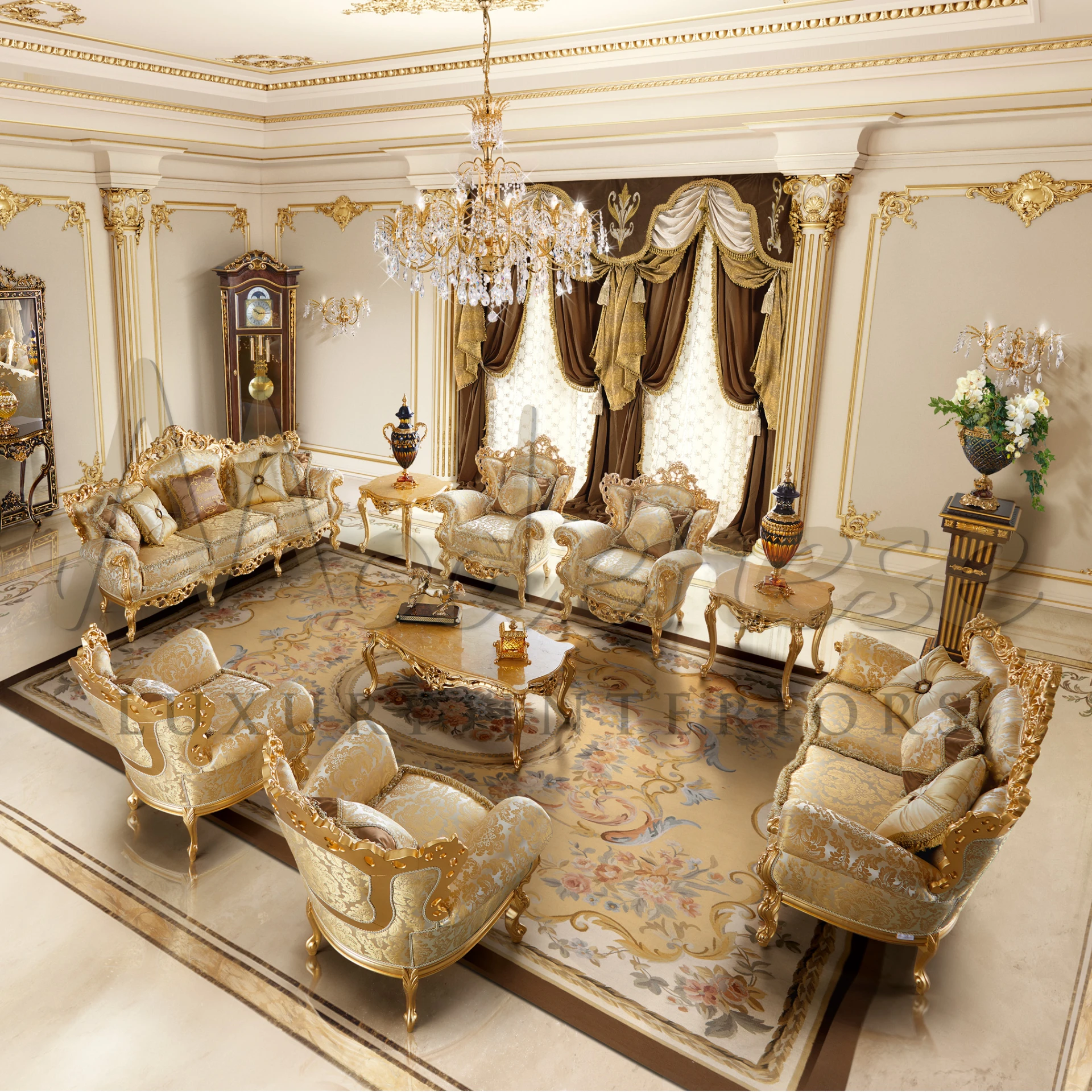 Exquisite marquetry details on gilded coffee table, perfect for classic furniture collections.
