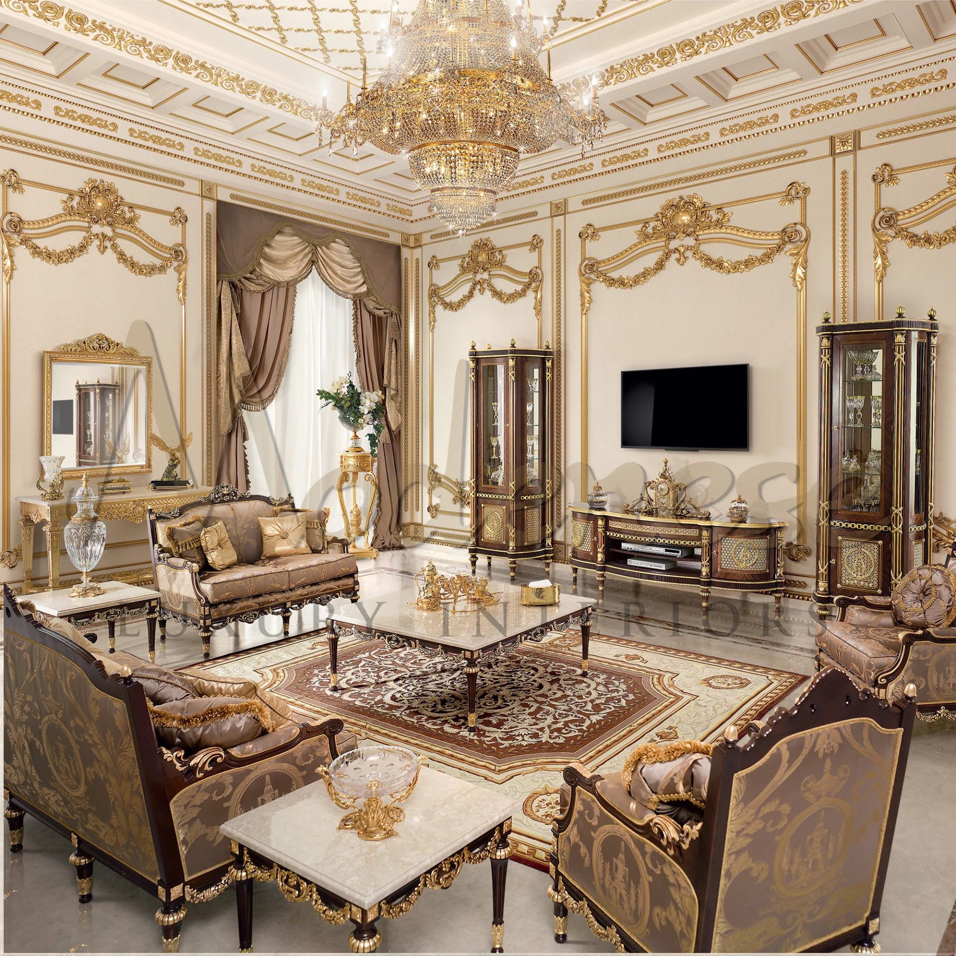 Elegant square coffee table with gold leaf accents, adding opulence to any room.
