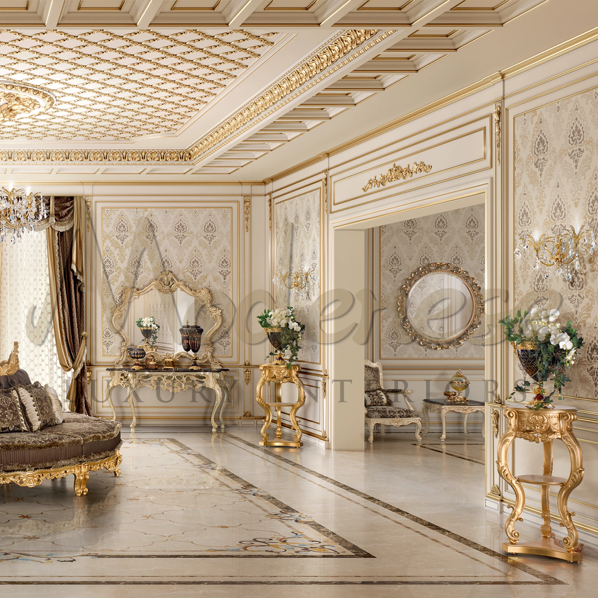 Square coffee table with opulent gold leaf finish, perfect for upscale decor