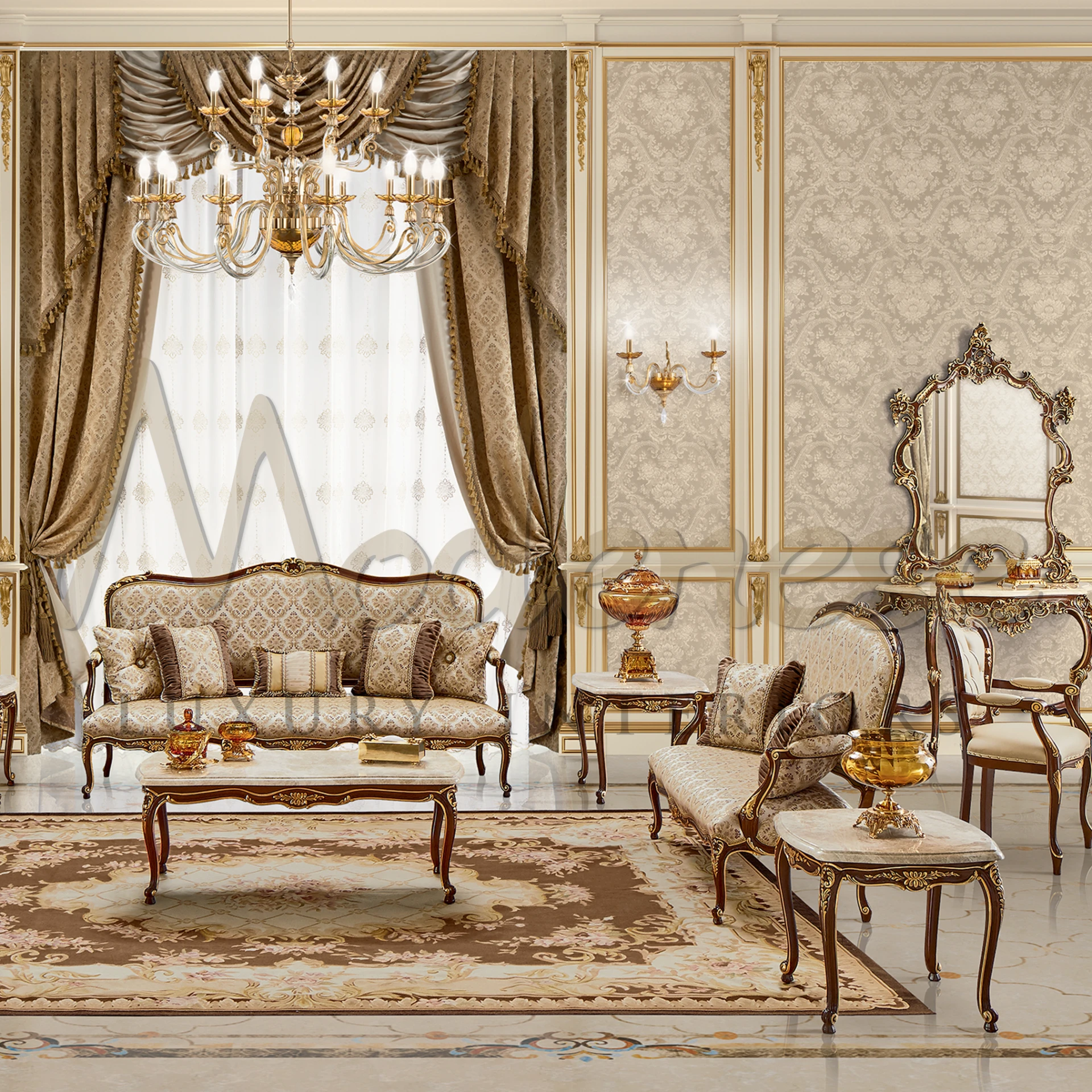 Emperador Light Coffee Table: A masterpiece of luxury table design, with solid wood construction and exquisite gold leaf carvings.