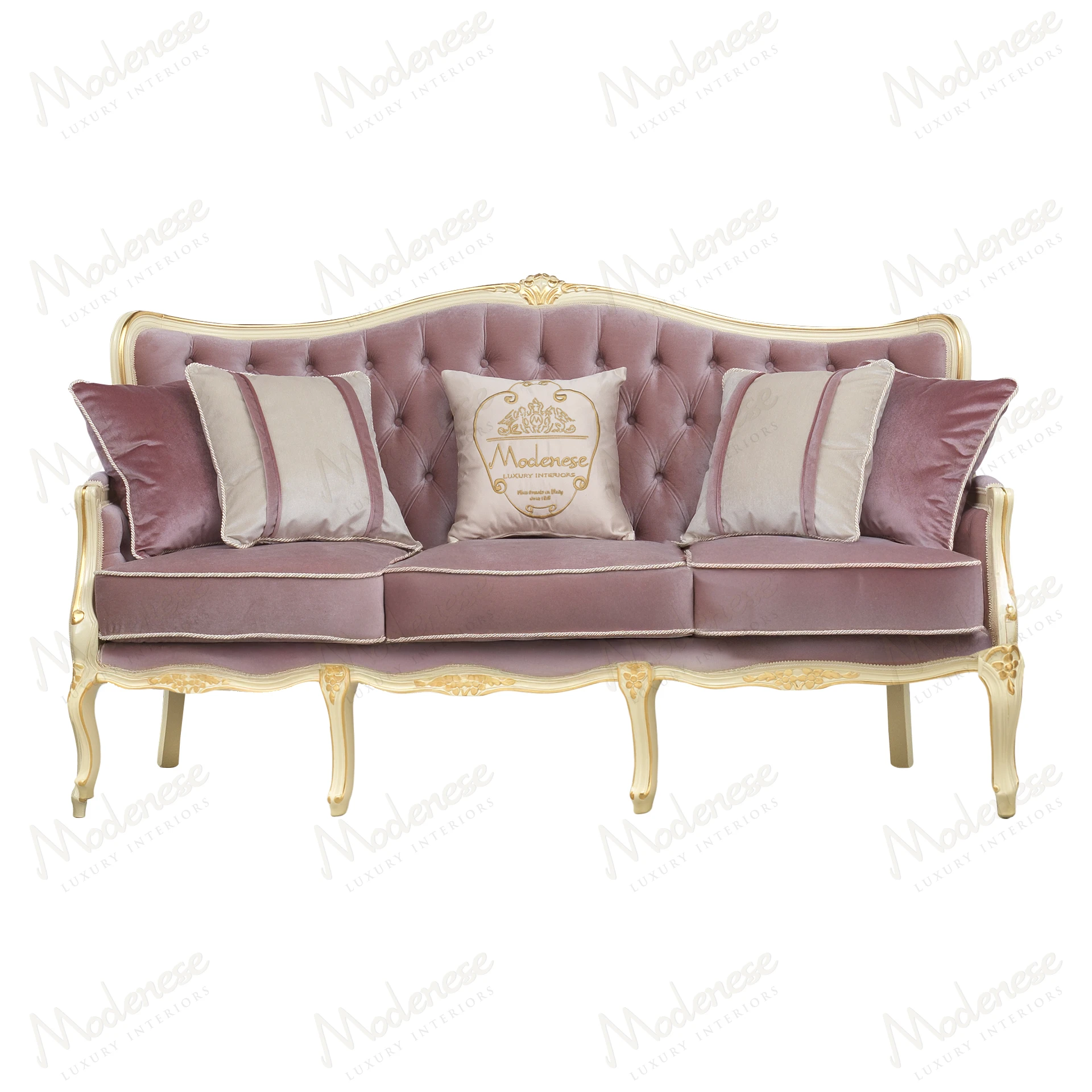 Ivory-lacquered 3-seater sofa with pink velvet upholstery and gold leaf accents, showcasing modern design and timeless elegance. Handcrafted for sophistication