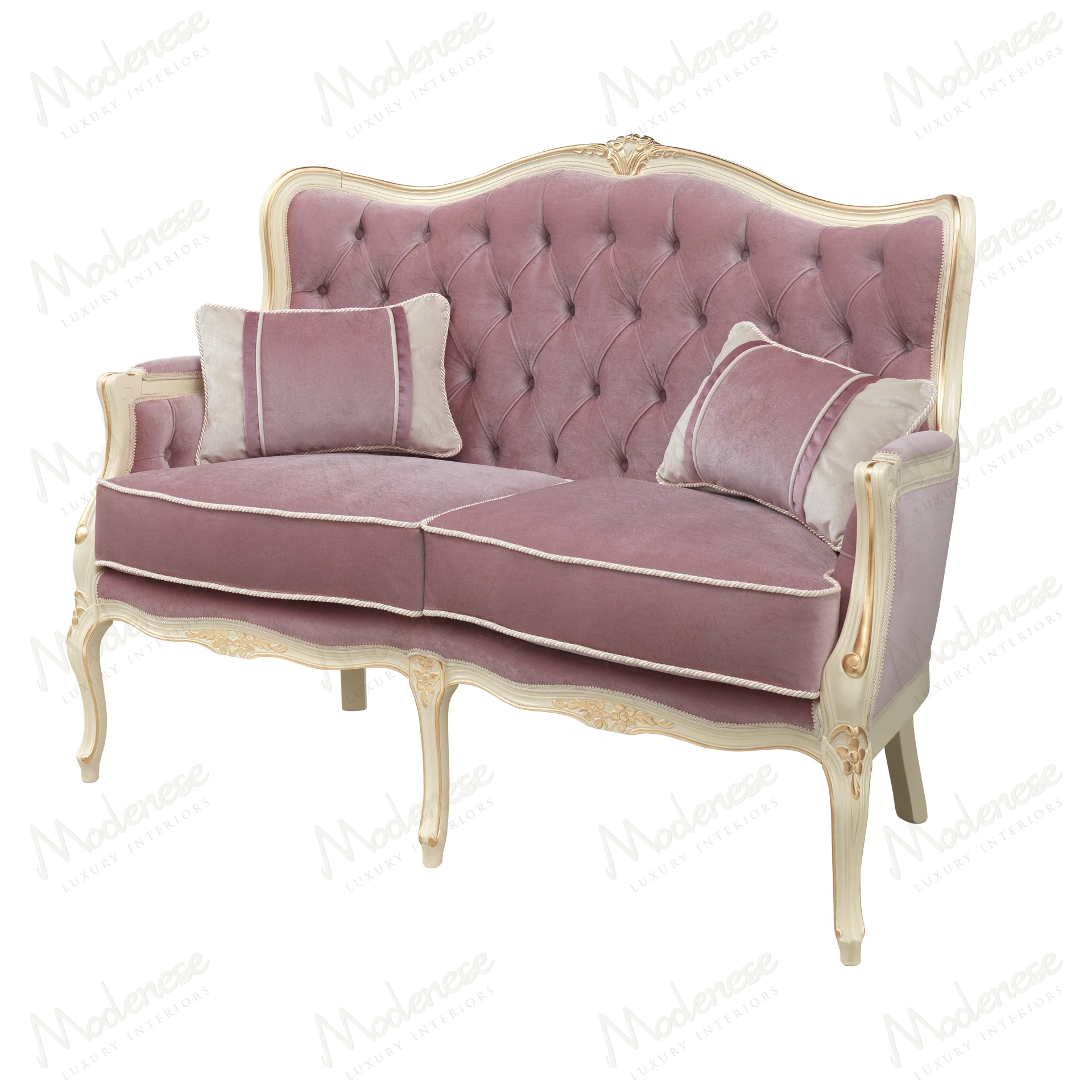 Luxurious Pink Velvet 2-Seater Sofa with Gold Leaf Accents