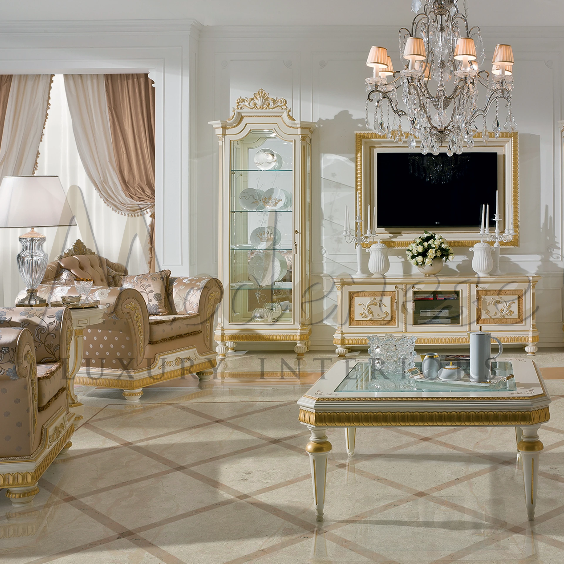 Elegant White Hand Made TV Frame from Modenese, showcasing skilled craftsmanship in luxury interiors with classic design.