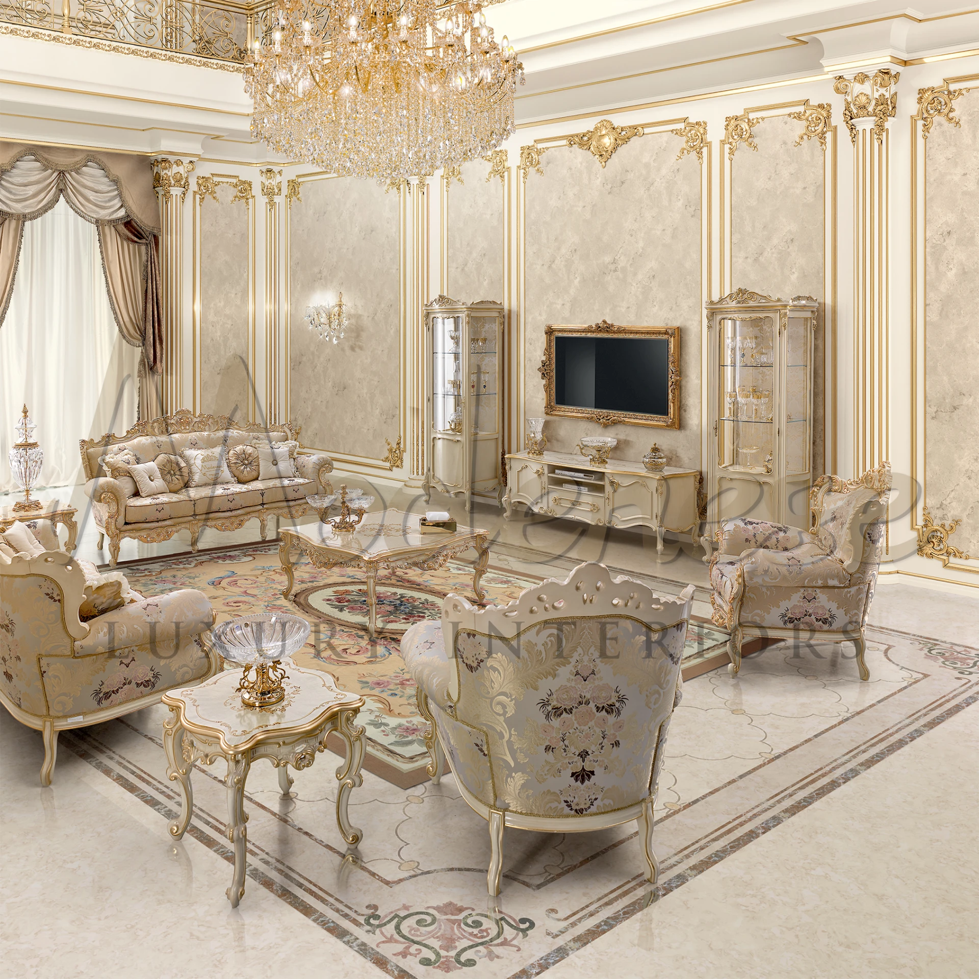 Elegant TV stand encased in a gold leaf carved frame, offering a stylish way to showcase TVs within luxury interiors.
