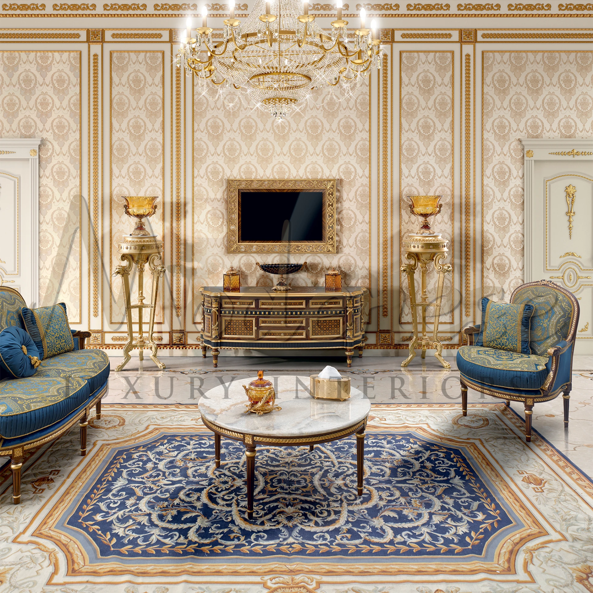 Luxury Rectangular TV Frame with stunning gold leaf detail, crafted by Modenese for sophisticated classic interiors.