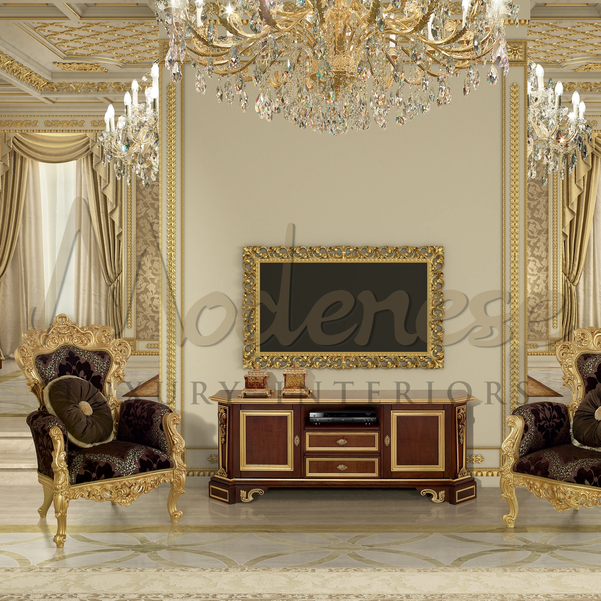 Elevate your space with a custom luxury wall unit TV stand, featuring exquisite handcrafted details and Venetian style.