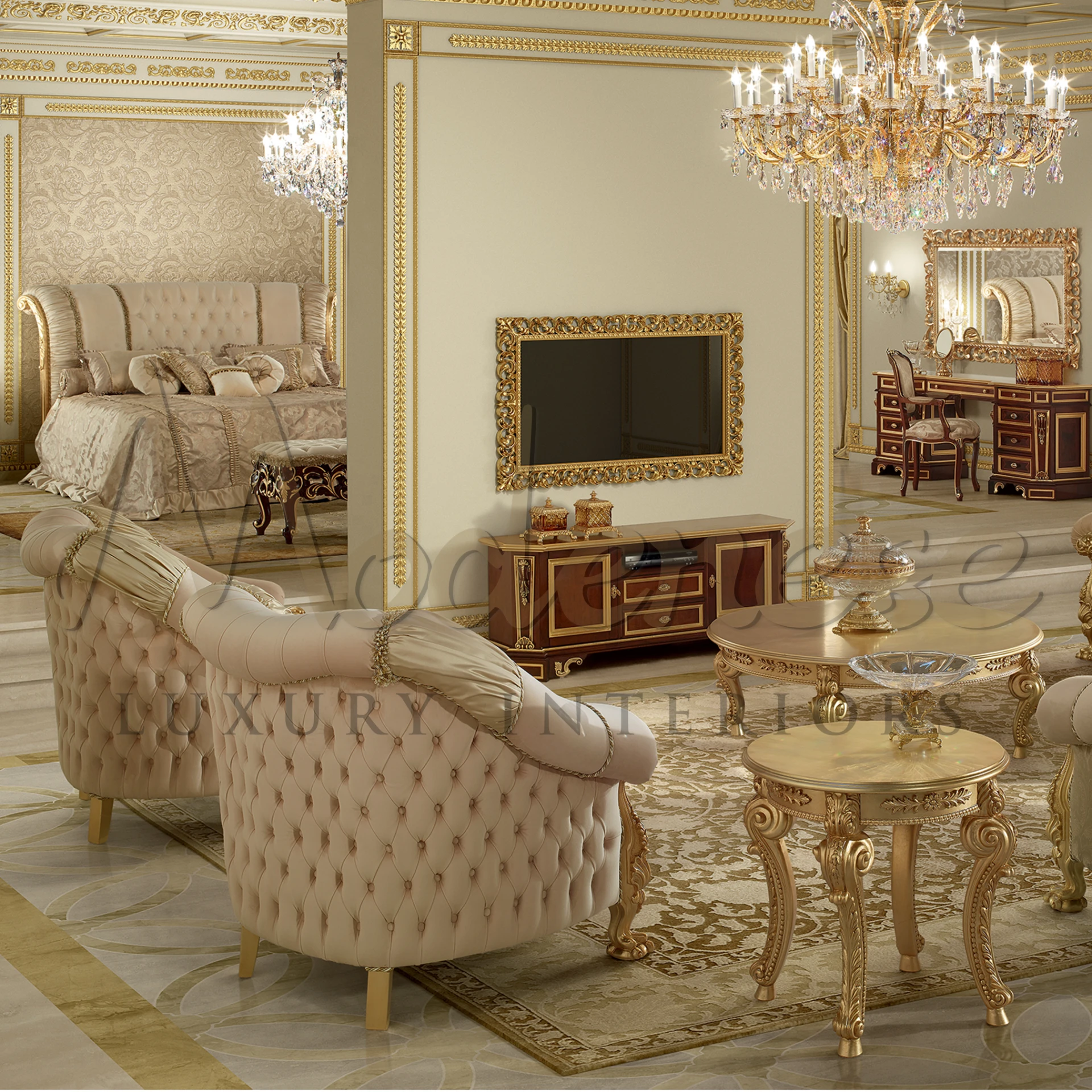 Opulent handcrafted TV frame, a masterpiece of classic furniture design with luxurious gold leaf finishing for elegant homes.