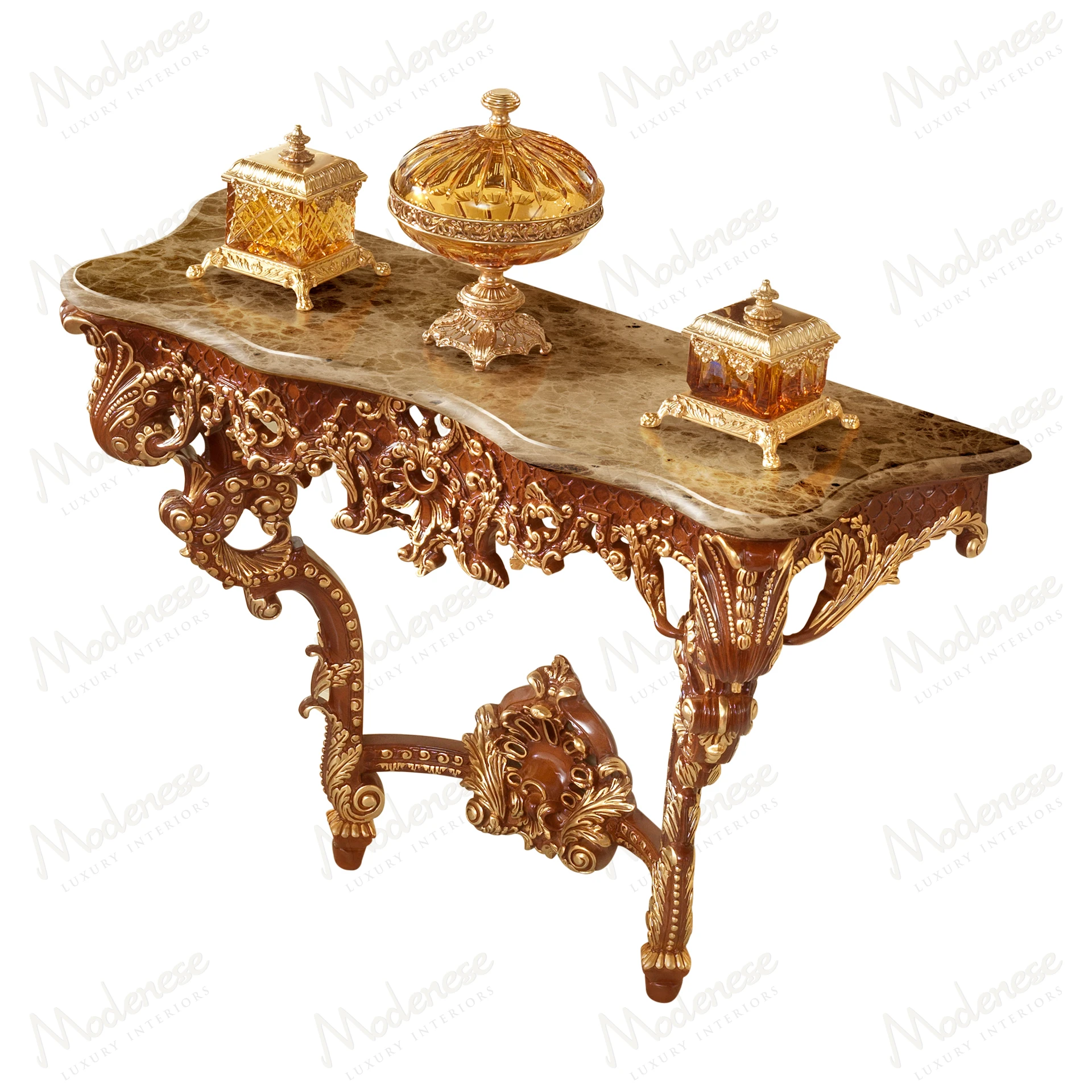 Elegant Rubino Delight Console with classic walnut finish and gold leaf details, showcasing a sophisticated design and luxurious style