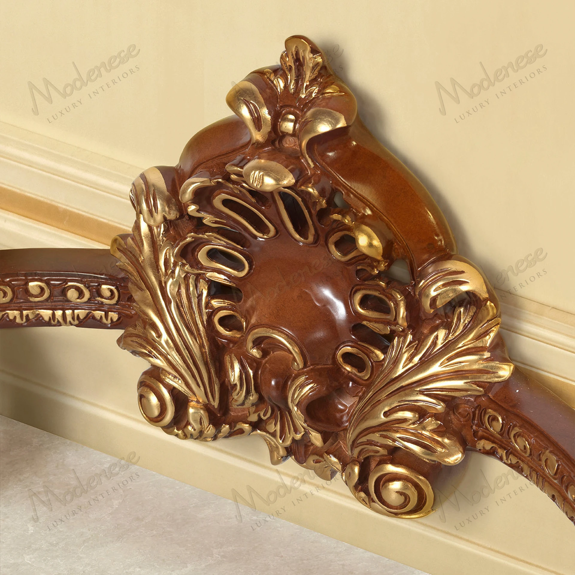 Rubino Delight Console in classic walnut finish with gold leaf details, no fabric Luxurious feel, elegant design Suitable for stylish interiors