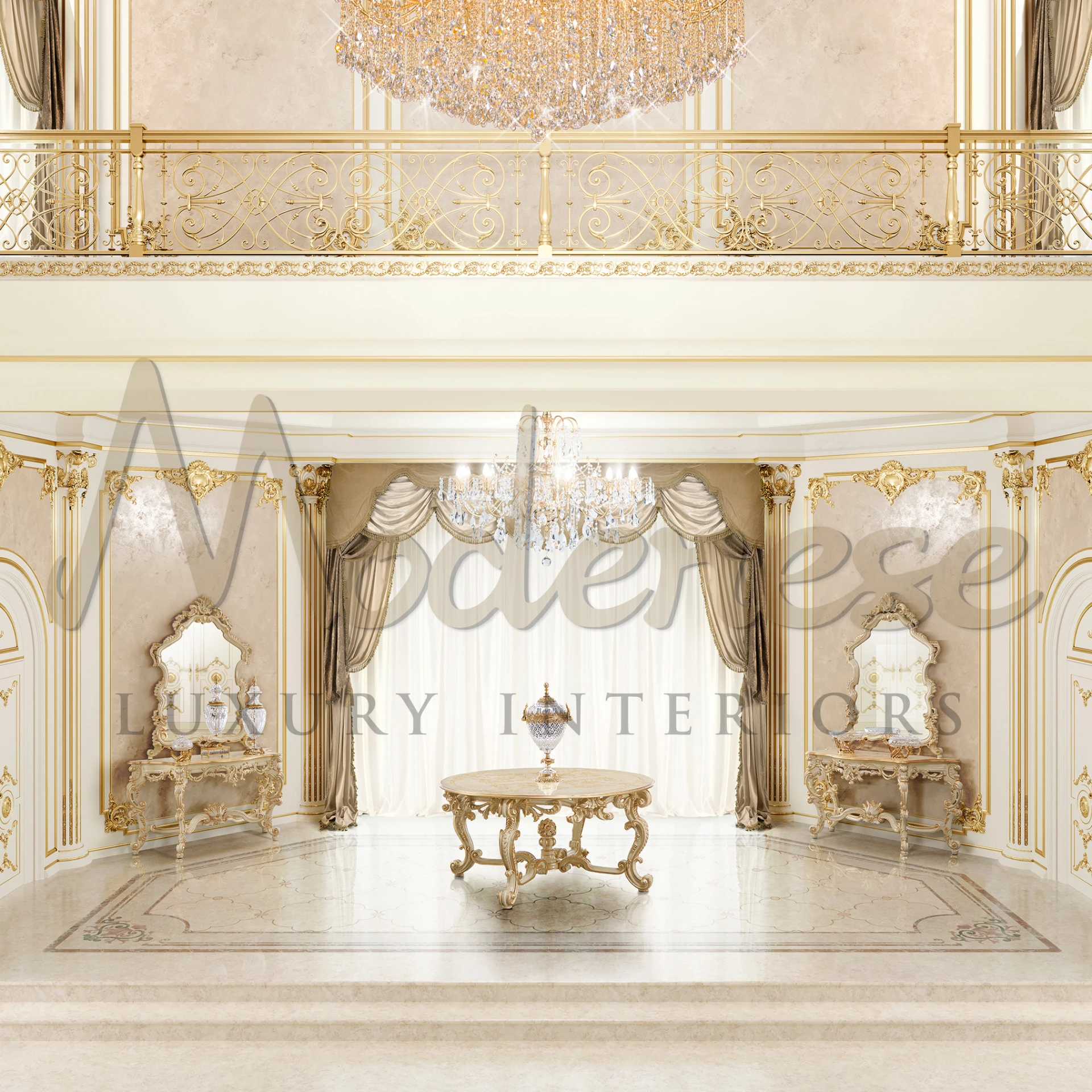 Luxurious Victorian Central Table featuring exquisite gold leaf details on ivory finish, embodying classical elegance in interior design.
