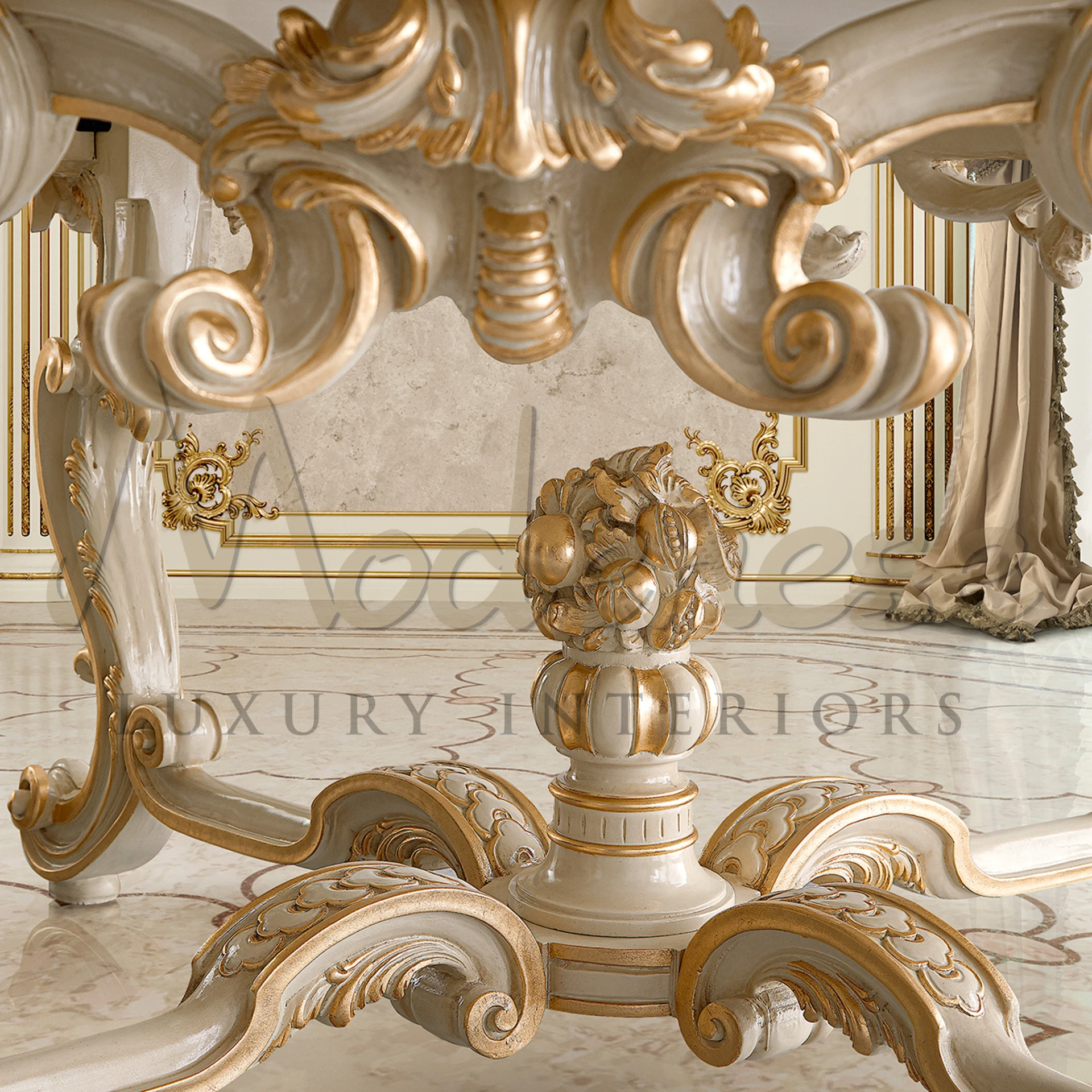Classic table design meets luxury with the Victorian Central Table, showcasing solid wood construction and distinctive gold leaf accents.
