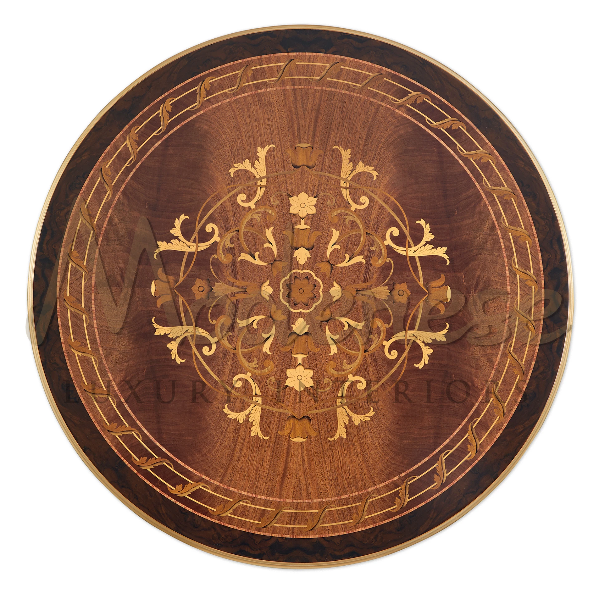  Sophisticated Classic Figured Central Table with inlaid wooden top and gold leaf carvings, embodying classic interior elegance