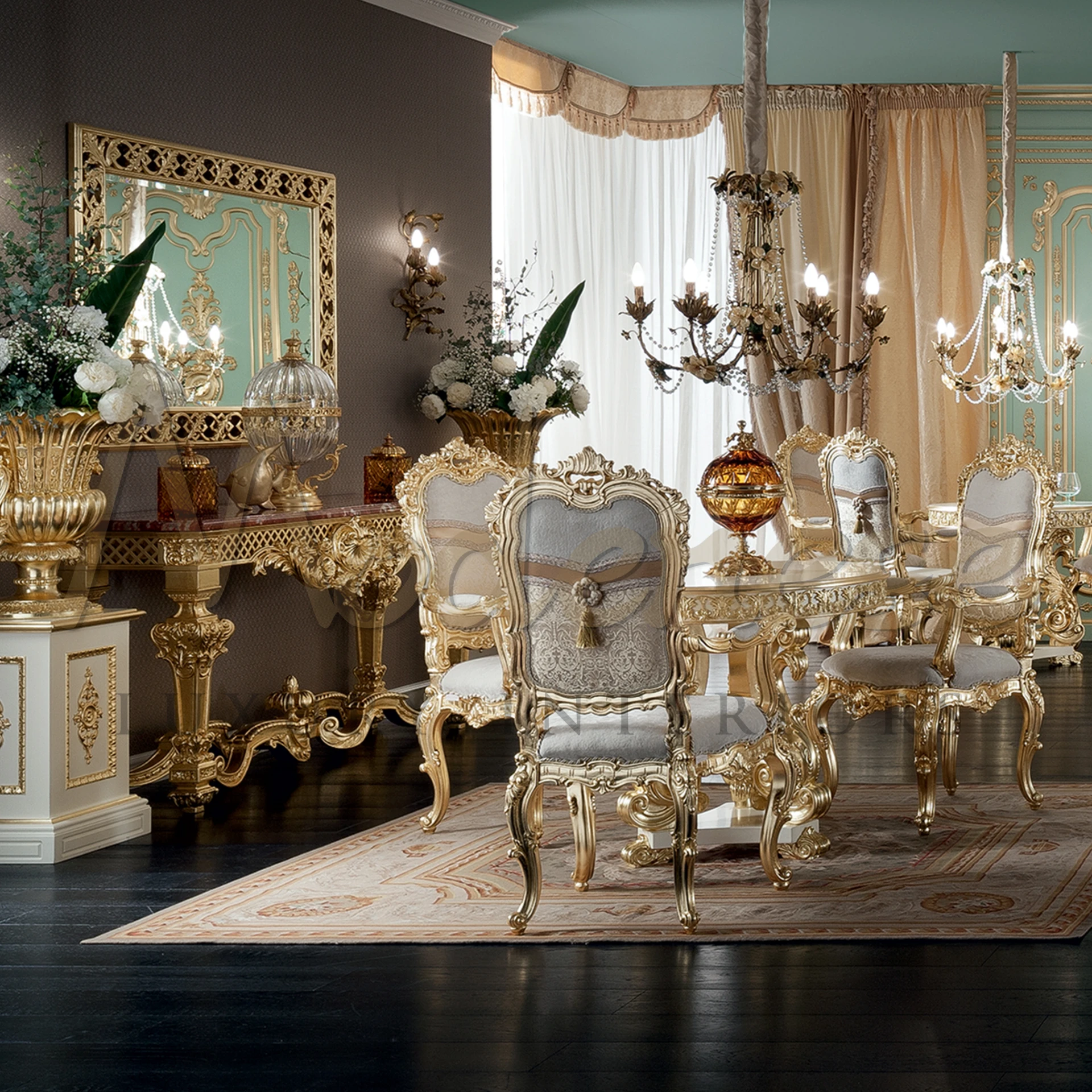Timeless elegance captured in the Classic Gold Leaf Central Table, featuring opulent gold leaf details for a luxurious interior design.