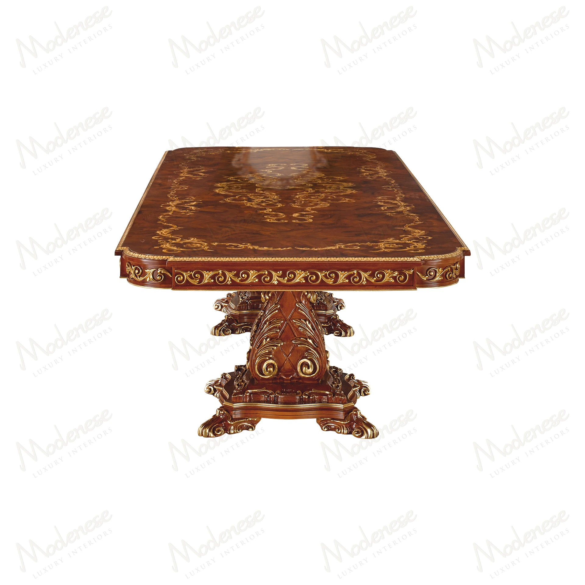 A wooden dining table with a carved symmetrical design, showcasing a cozy texture and no fabric upholstery, set in a bright room