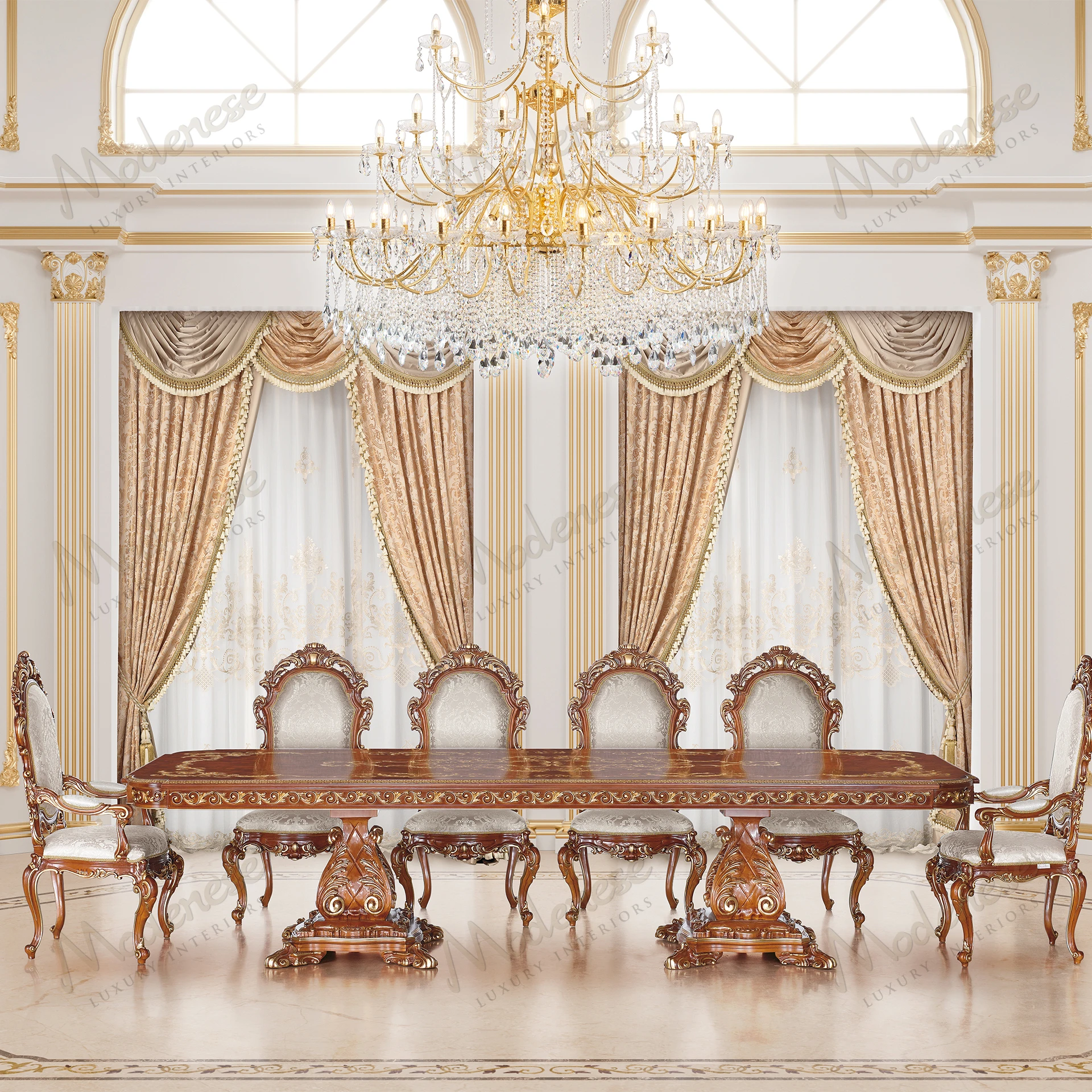 Elegant dining table with carved symmetry, wooden inlaid top, classic walnut finish, gold leaf accents, and sleek design