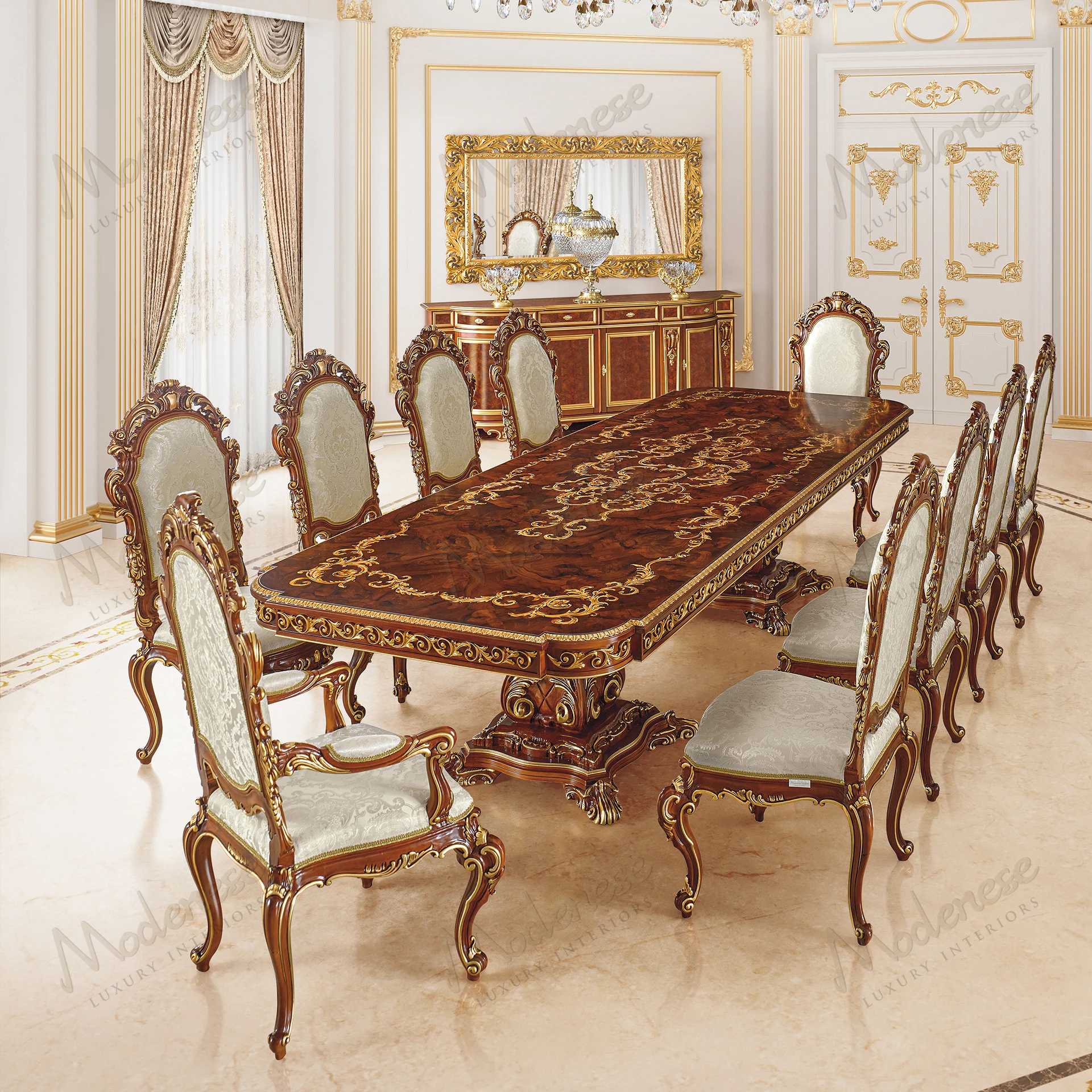 Elegant Carved Symmetry Dining Table with classic walnut finish, gold leaf accents, inlaid top, offering a luxurious, fabric-free design