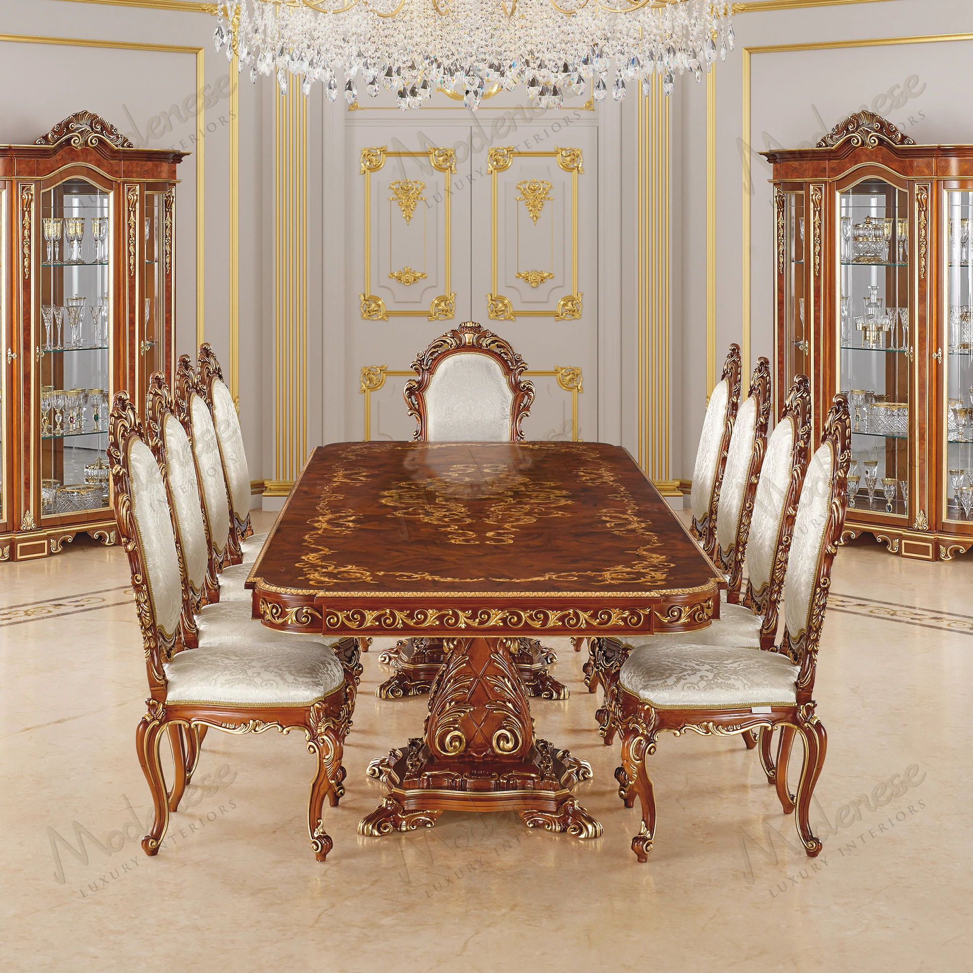 Contemporary carved wooden dining table with symmetrical design and inlaid top. No fabric. Clean lines and modern aesthetic