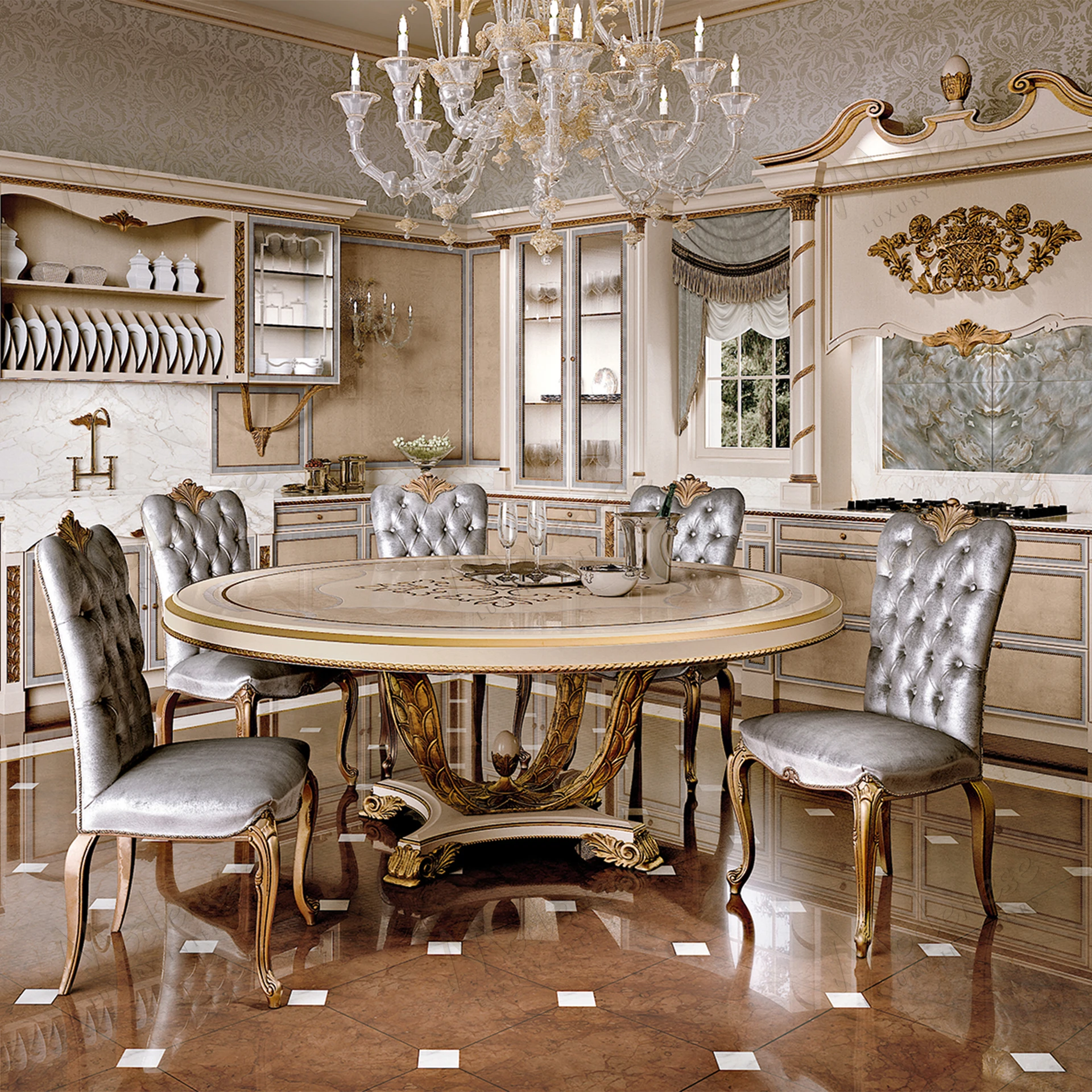 Elegant round dining table with ivory lacquered finish, light blue accents, and antiqued gold leaf details. Stylish and sophisticated design
