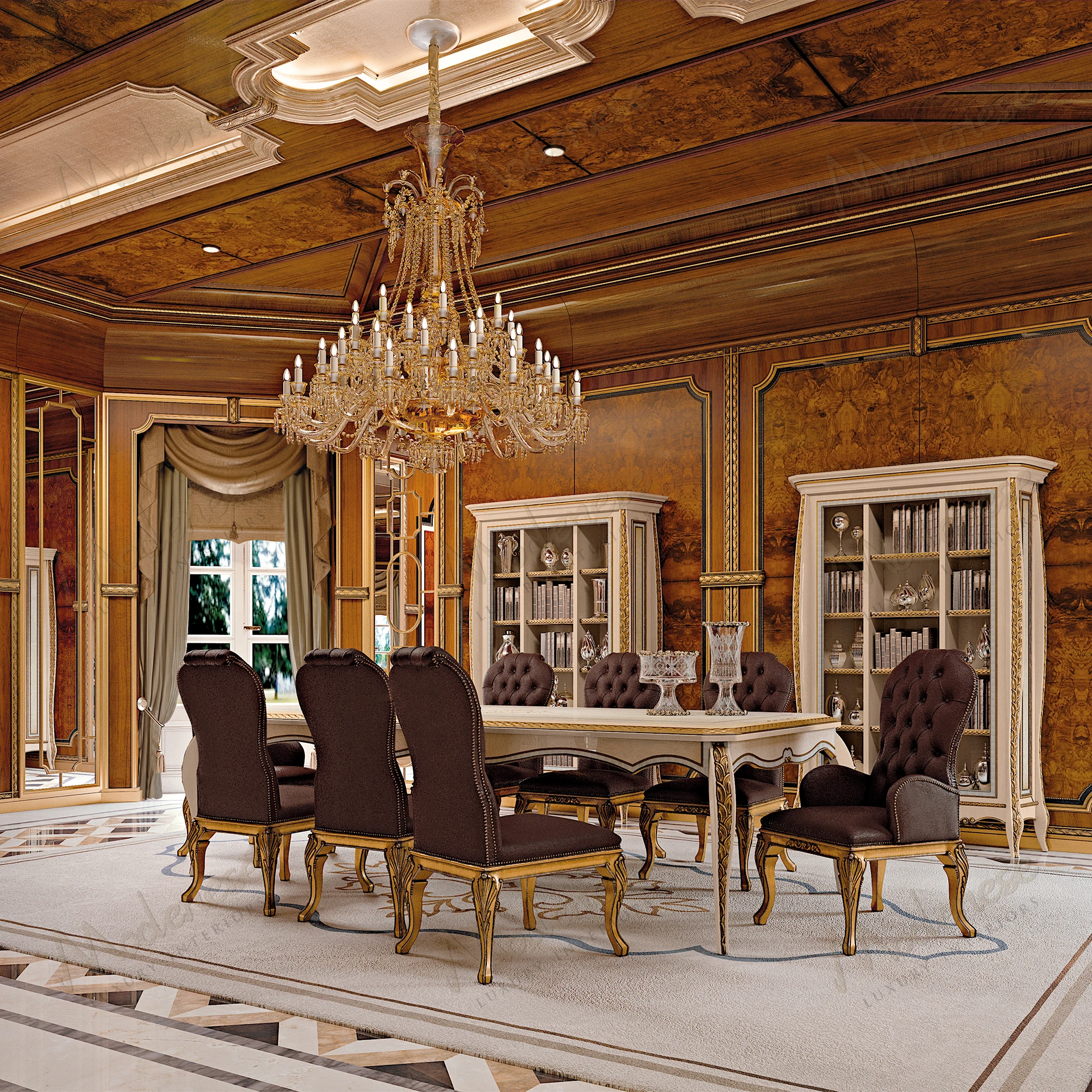 A wooden Heritage Harmony Dining Table with a cozy textured surface, no fabric upholstery, offering a warm, inviting dining experience