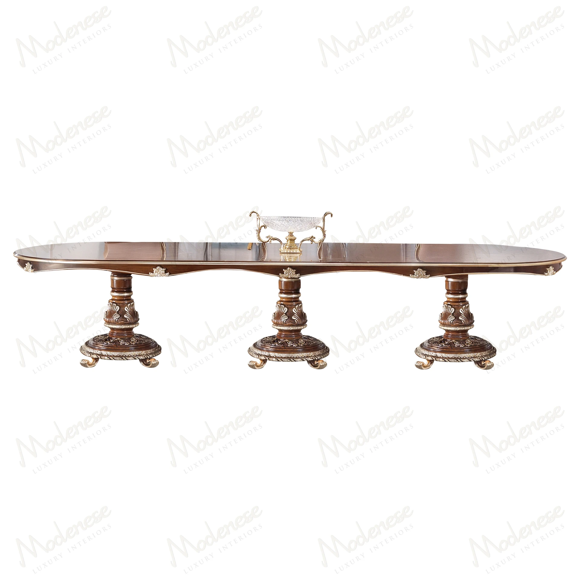 Elegant dining table with classic walnut finish, silver leaf details, and sophisticated style, ideal for formal settings