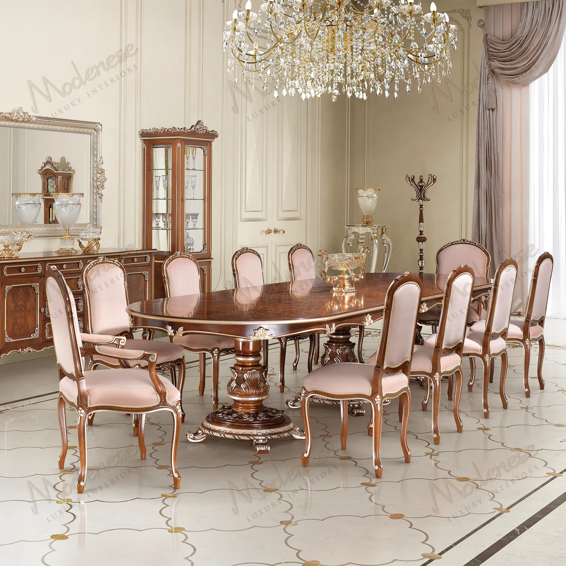 Elegant dining table with wood structure, classic walnut finish, silver leaf accents; sleek design for accessible, stylish dining spaces