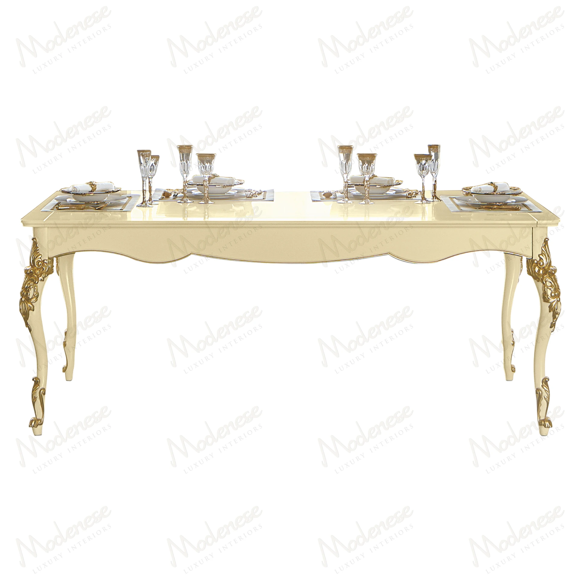 Elegant Essence Dining Table with ivory lacquered finish and gold leaf details, showcasing a sophisticated design. Perfect for upscale dining settings